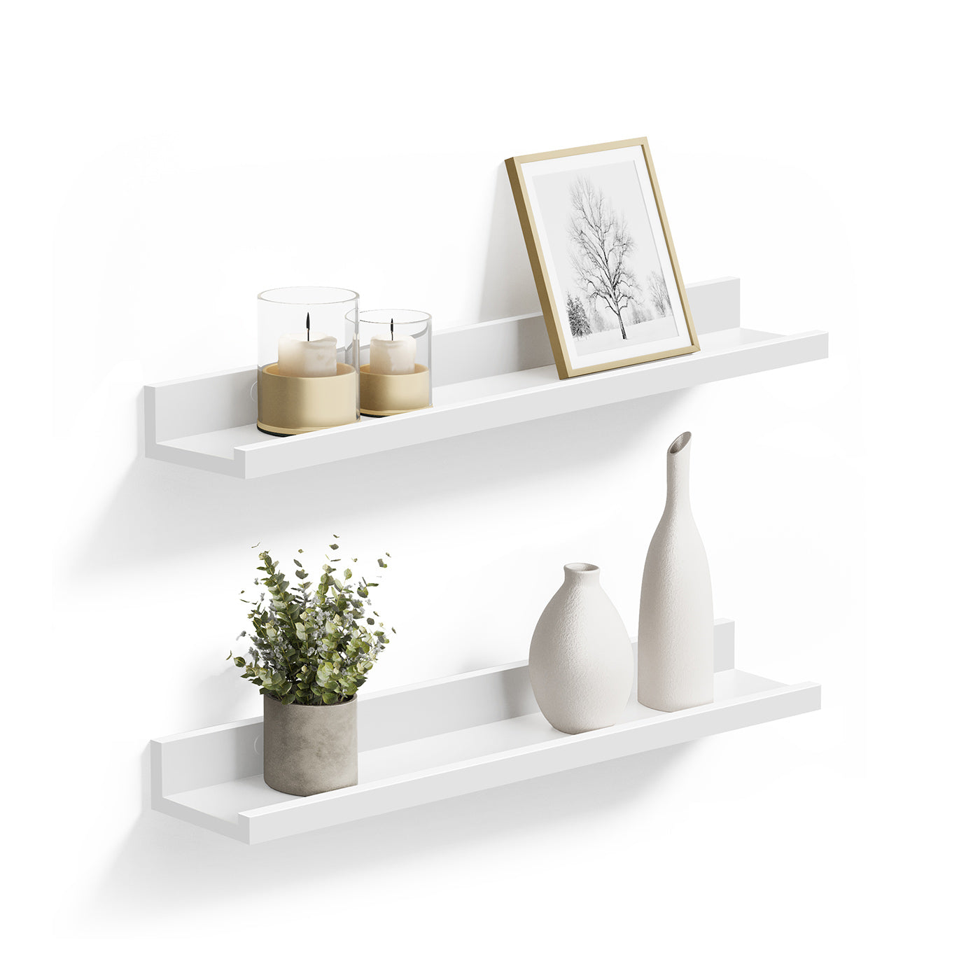 Floating Wall Shelf Set - MDF - White - High-Gloss Finish for Picture Frames and Books