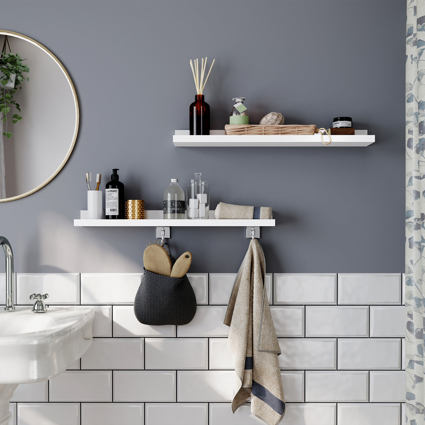 Floating Wall Shelf Set - MDF - White - High-Gloss Finish for Picture Frames and Books