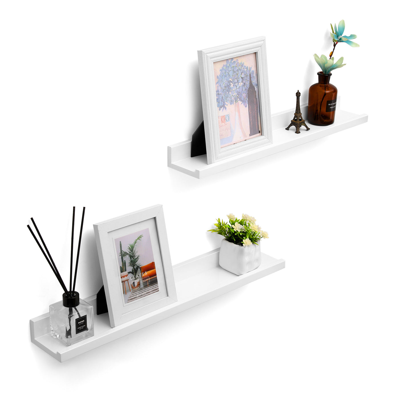 Floating Wall Shelf Set - MDF - White - High-Gloss Finish for Picture Frames and Books