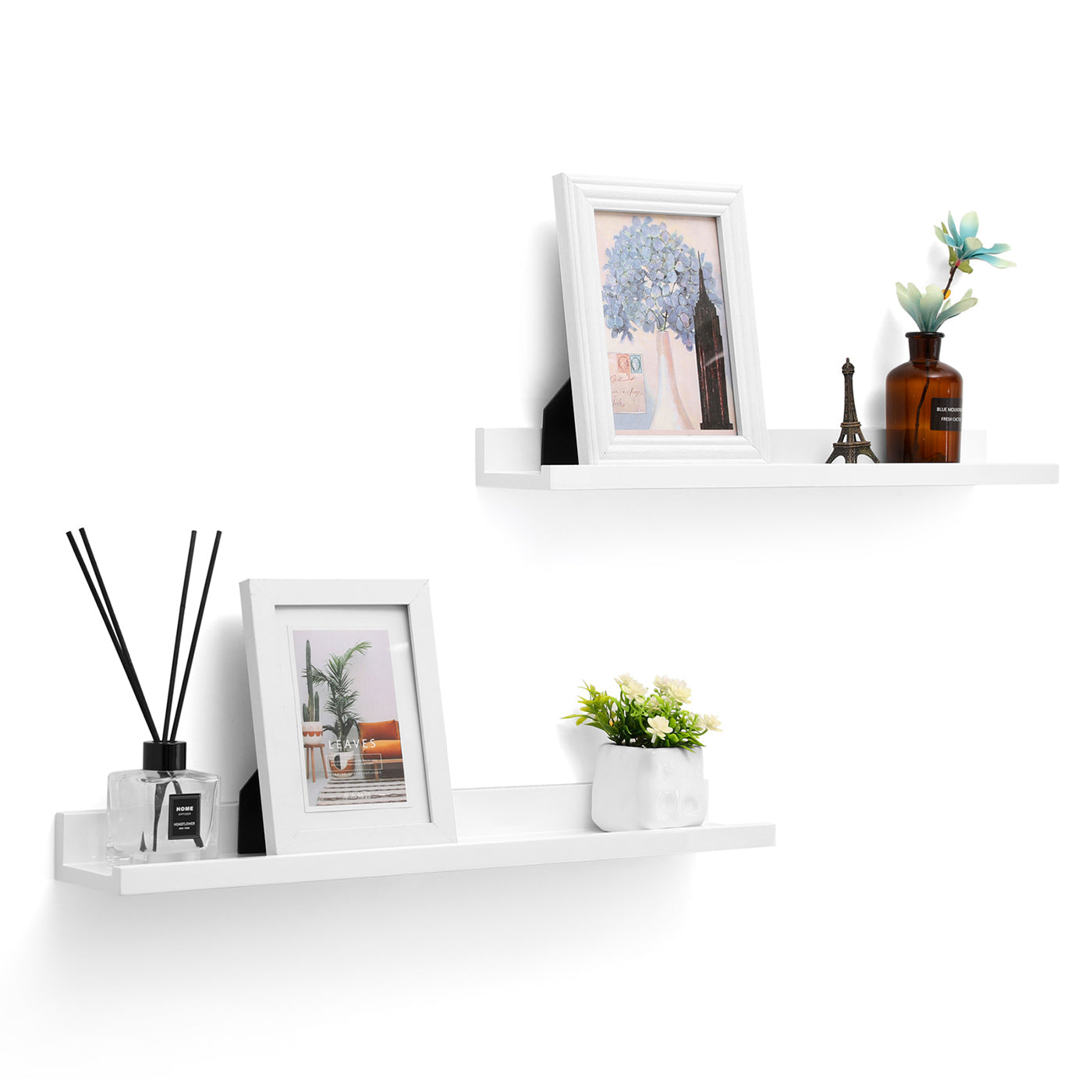 Floating Wall Shelf Set - MDF - White - High-Gloss Finish for Picture Frames and Books