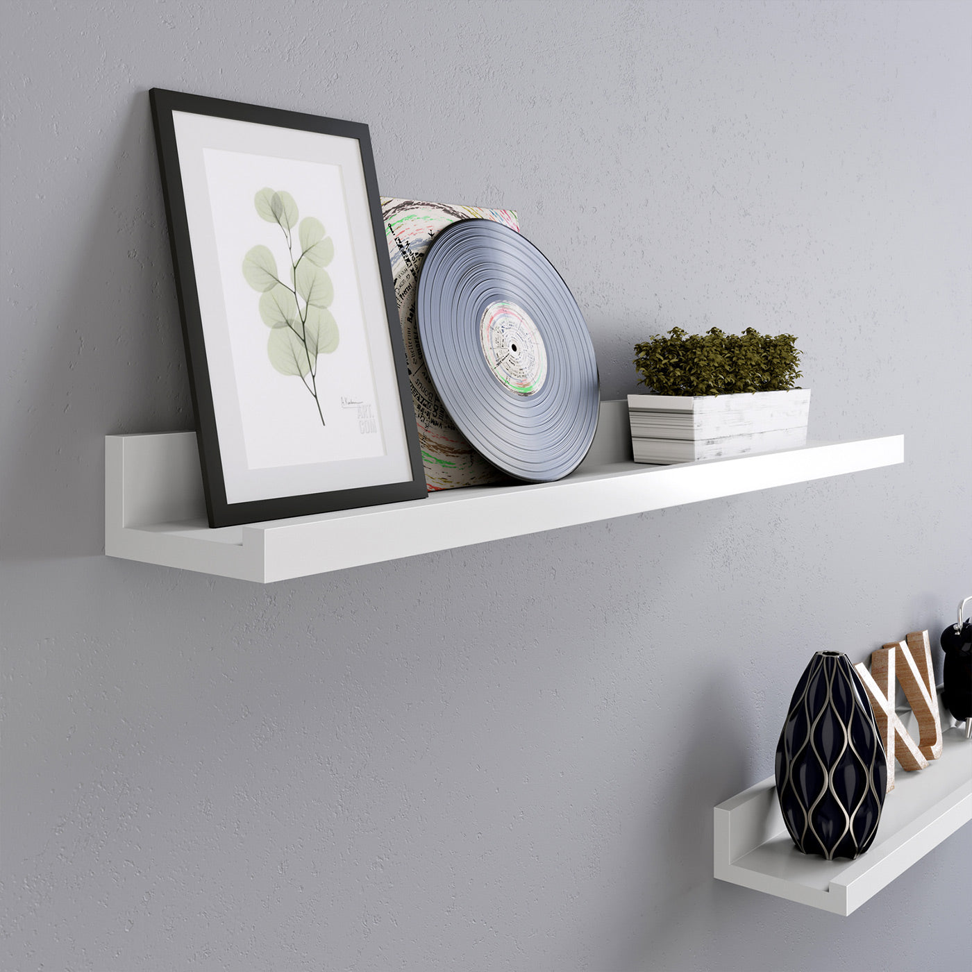 Floating Wall Shelf Set - MDF - White - High-Gloss Finish for Picture Frames and Books