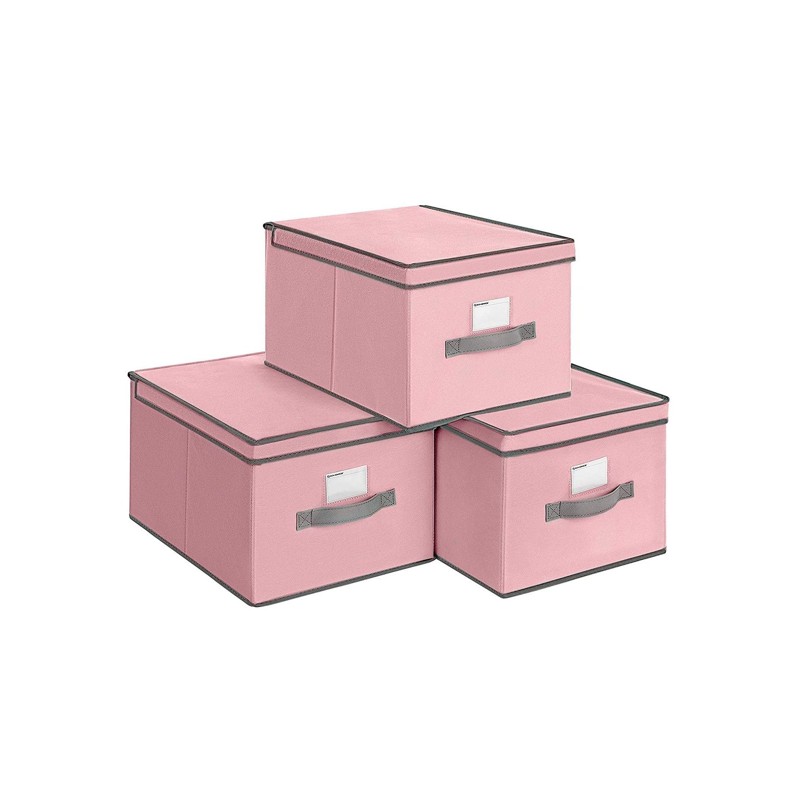 Storage Boxes - Fabric - Beige - Set of 3 with Label Holders and Lids
