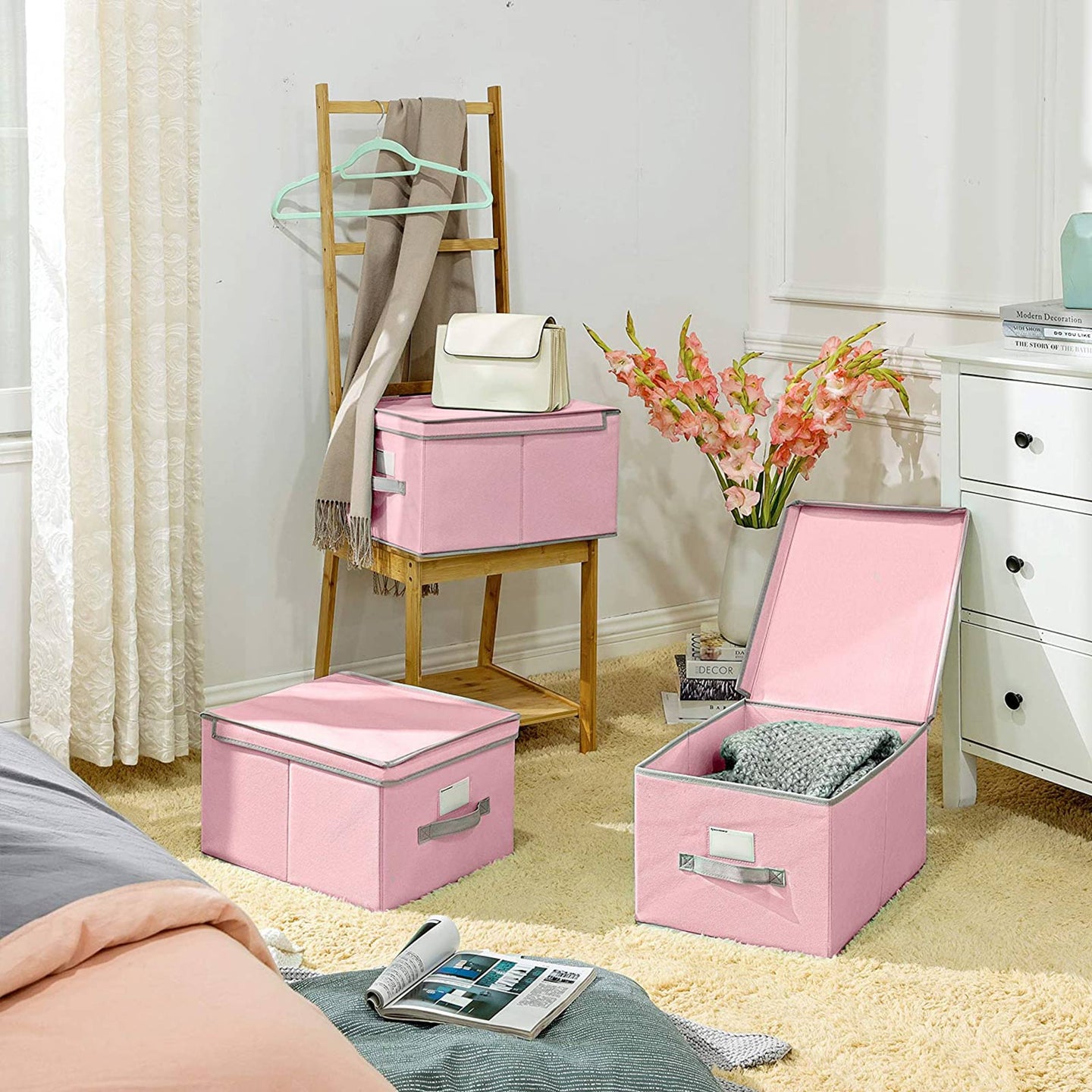 Storage Boxes - Fabric - Beige - Set of 3 with Label Holders and Lids