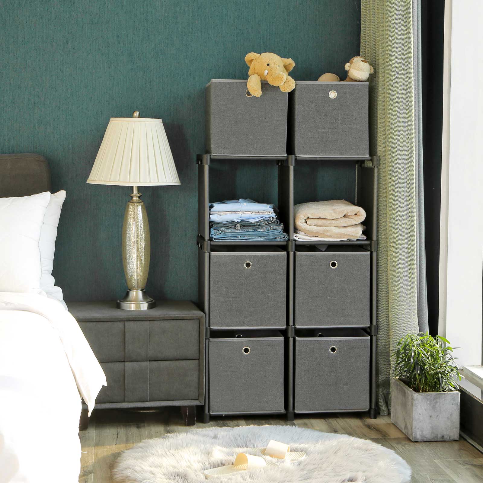 Ladder Storage Unit - Metal - Black - 6-Cube Modular Design with Storage Boxes