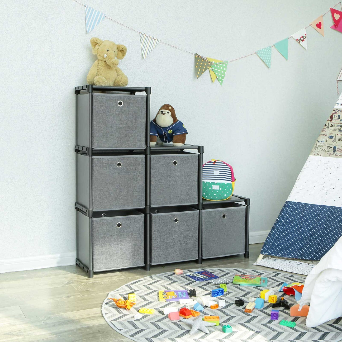 Ladder Storage Unit - Metal - Black - 6-Cube Modular Design with Storage Boxes