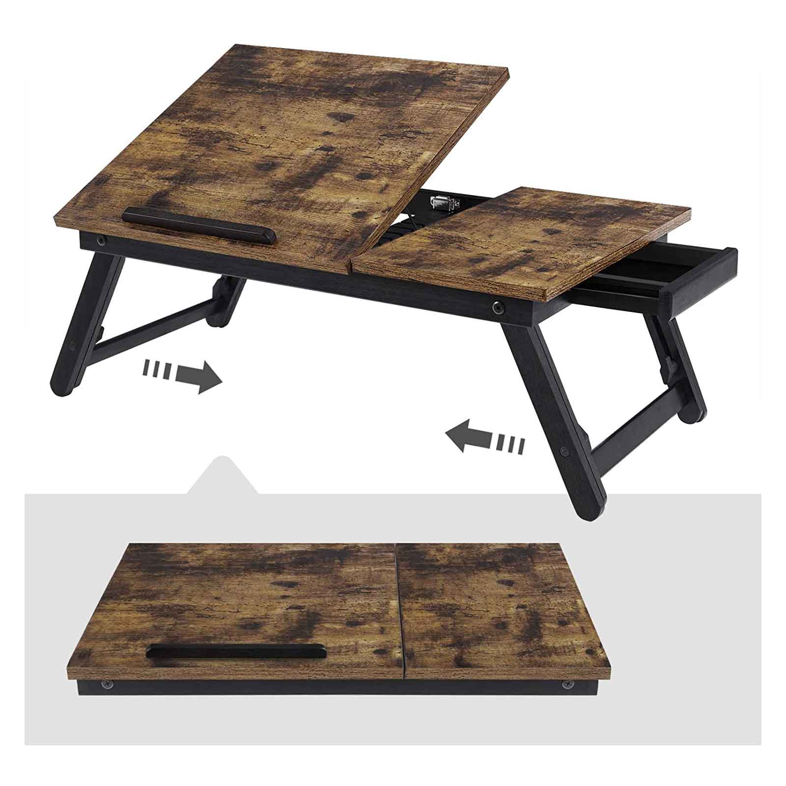 Laptop Desk - Wood - Rustic Brown - Adjustable Tilting Top with Folding Legs