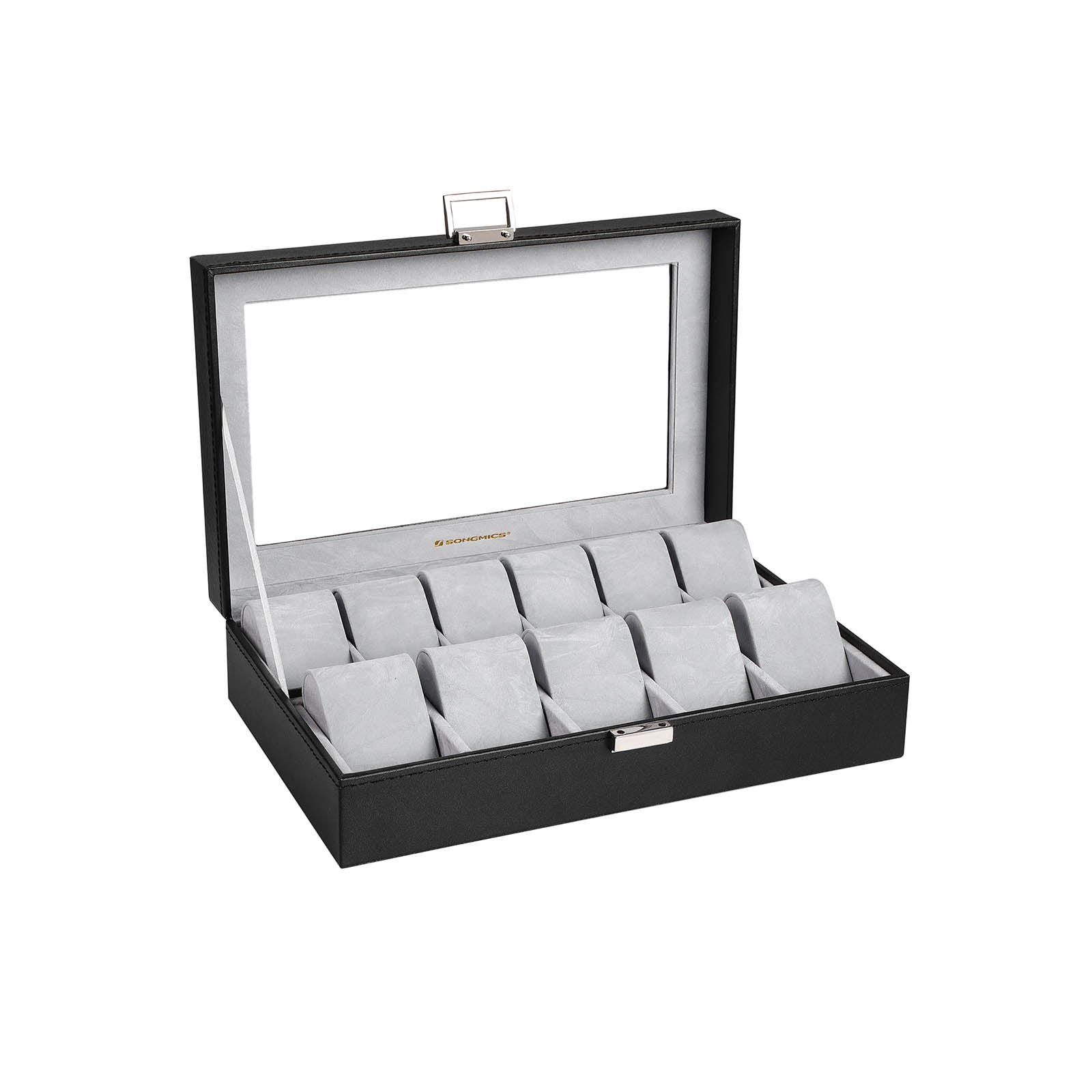 Watch Box - PU - Black - Large Compartment with Glass Window and Velvet Lining