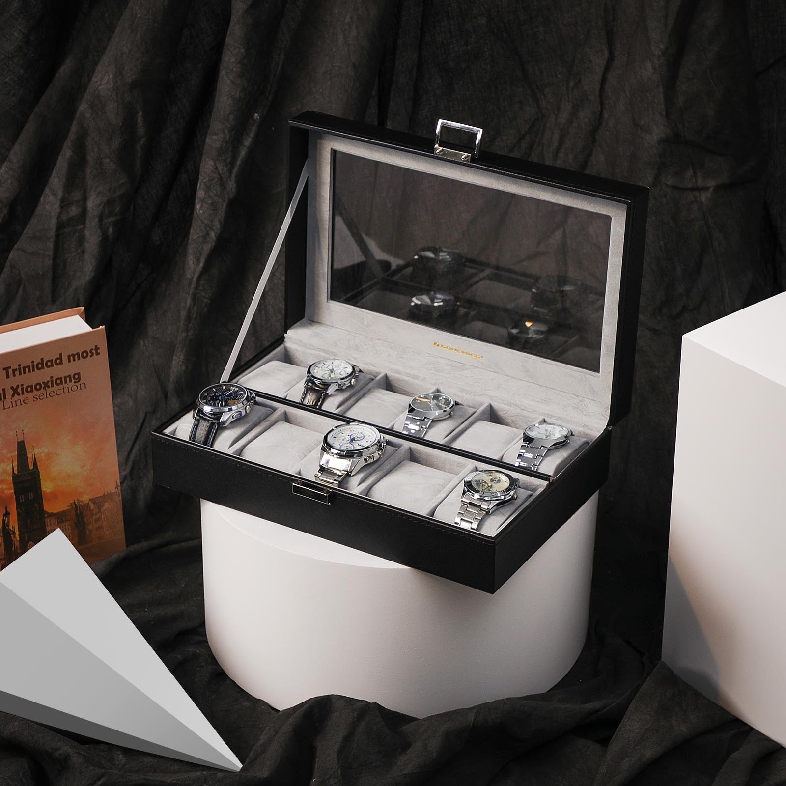 Watch Box - PU - Black - Large Compartment with Glass Window and Velvet Lining
