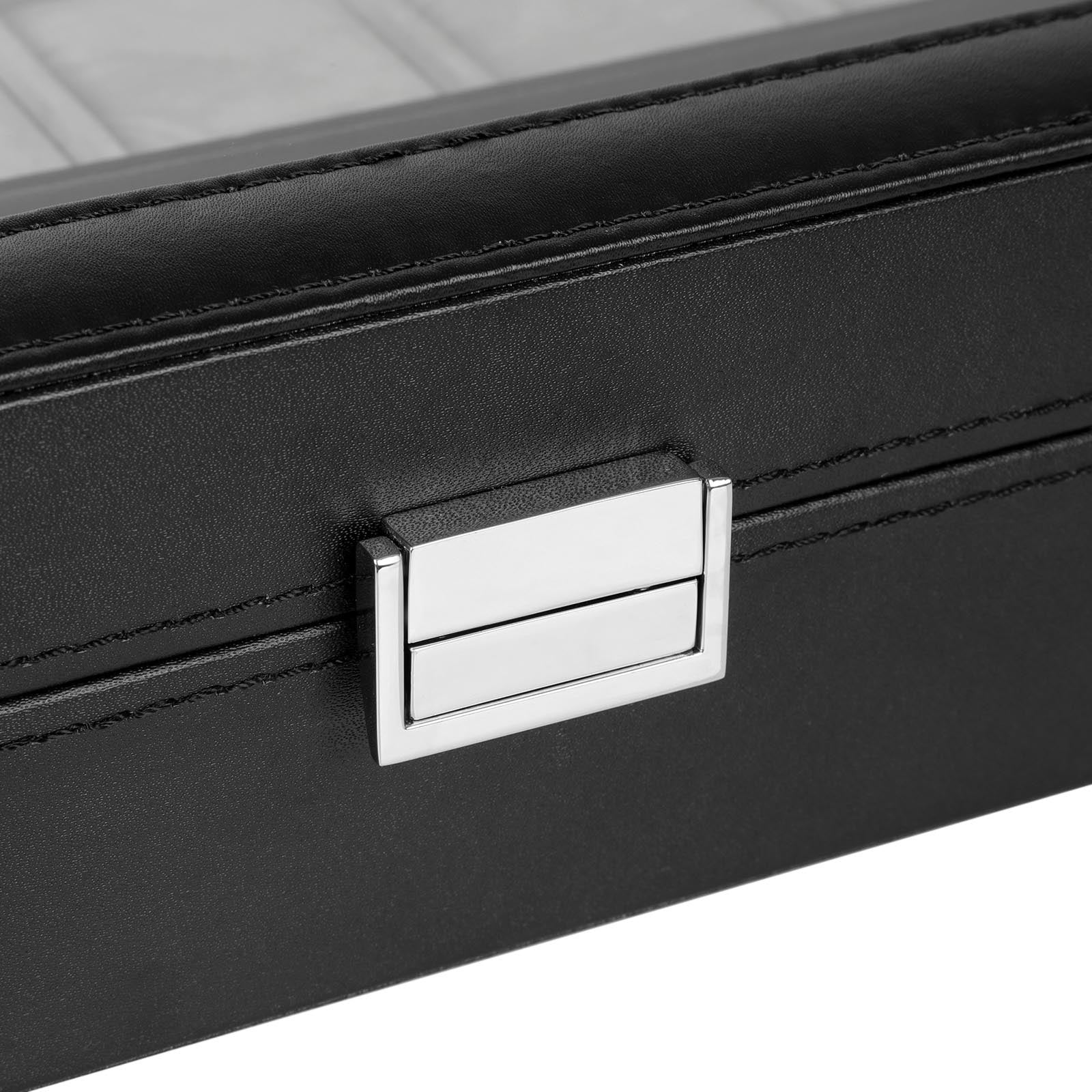 Watch Box - PU - Black - Large Compartment with Glass Window and Velvet Lining