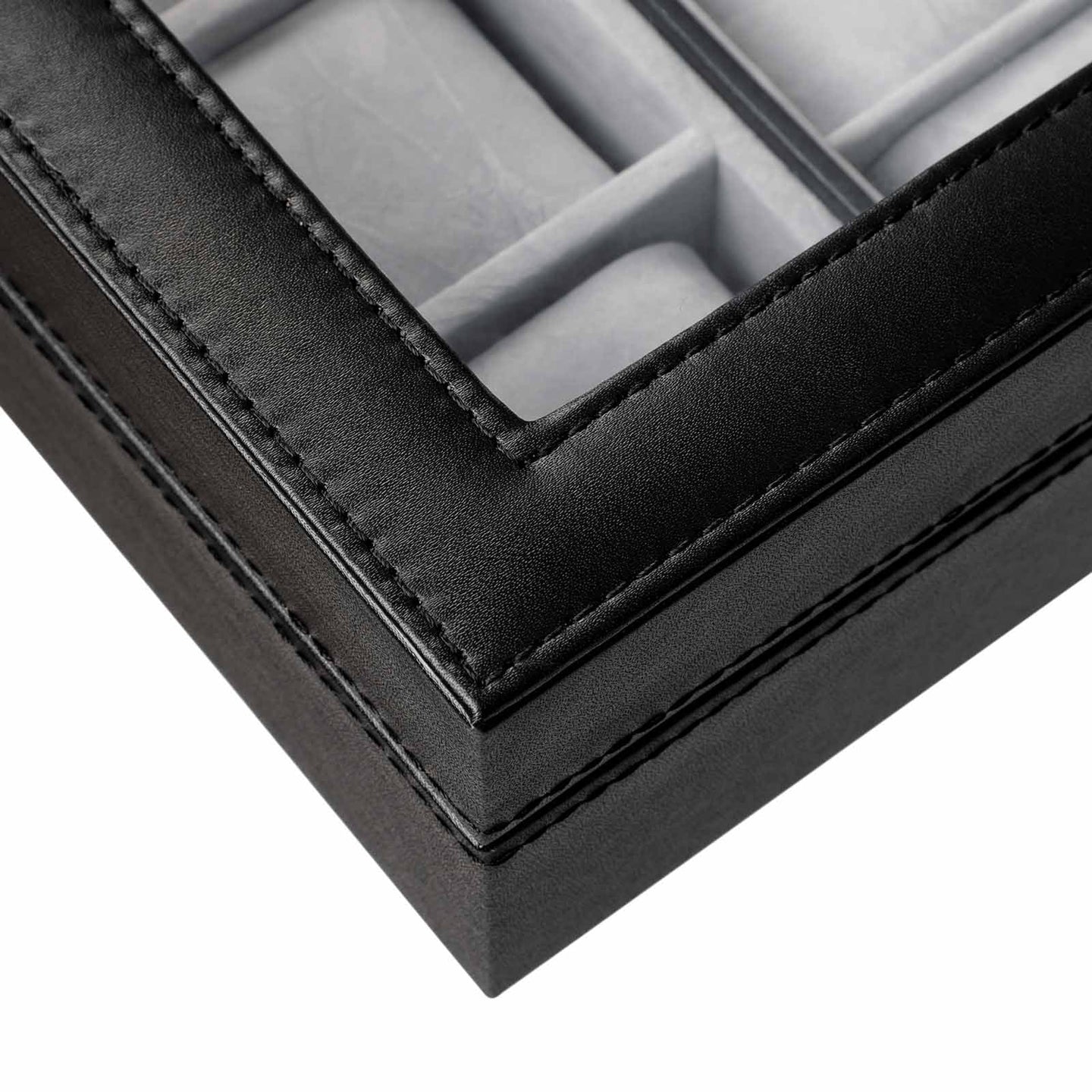 Watch Box - PU - Black - Large Compartment with Glass Window and Velvet Lining