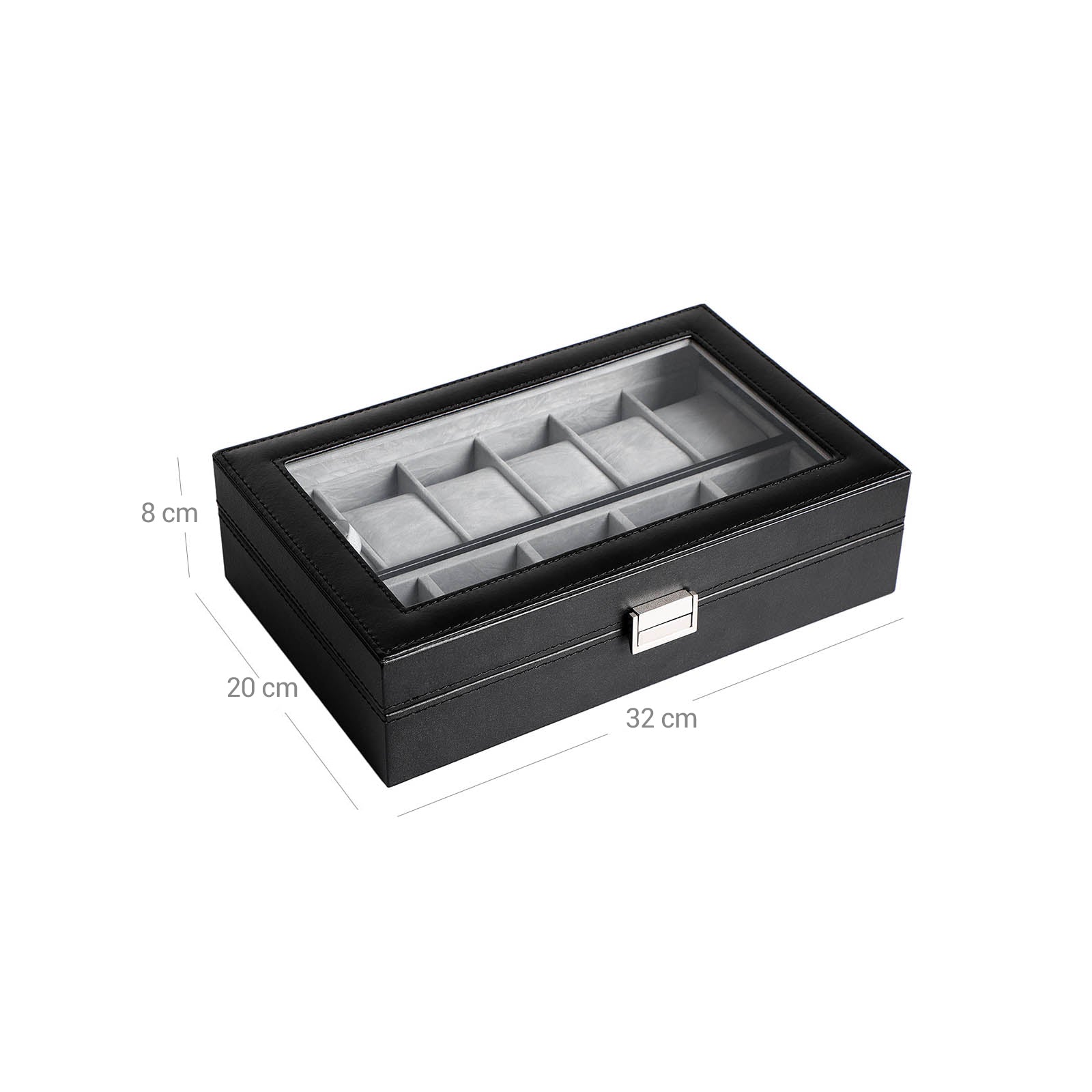 Watch Box - PU - Black - Large Compartment with Glass Window and Velvet Lining