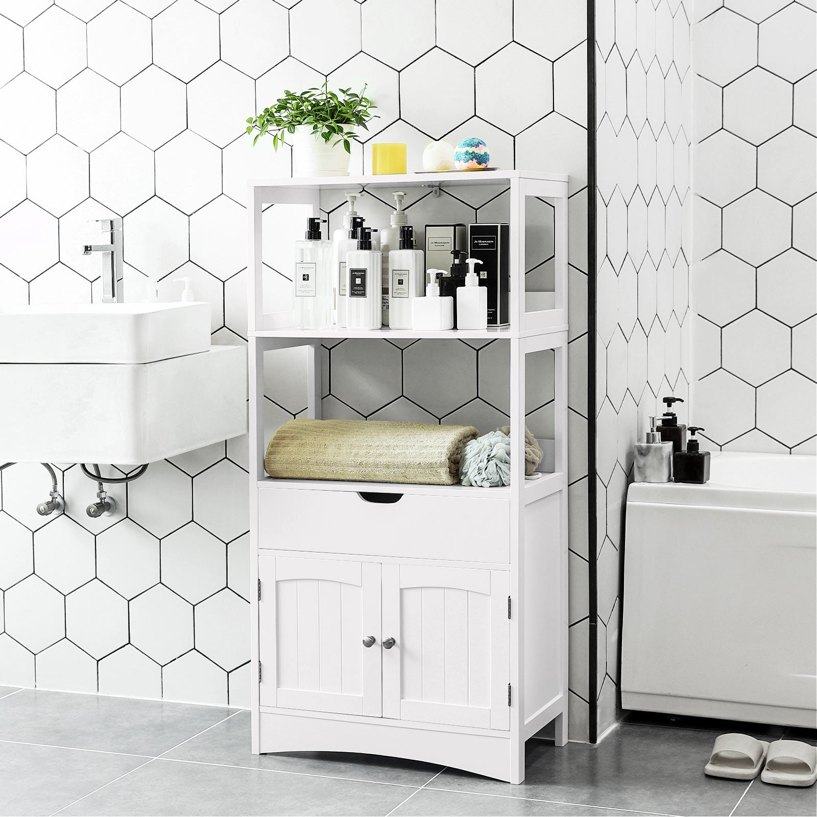 Large Storage Cabinet - Engineered Wood - White - With Drawer and Open Shelves