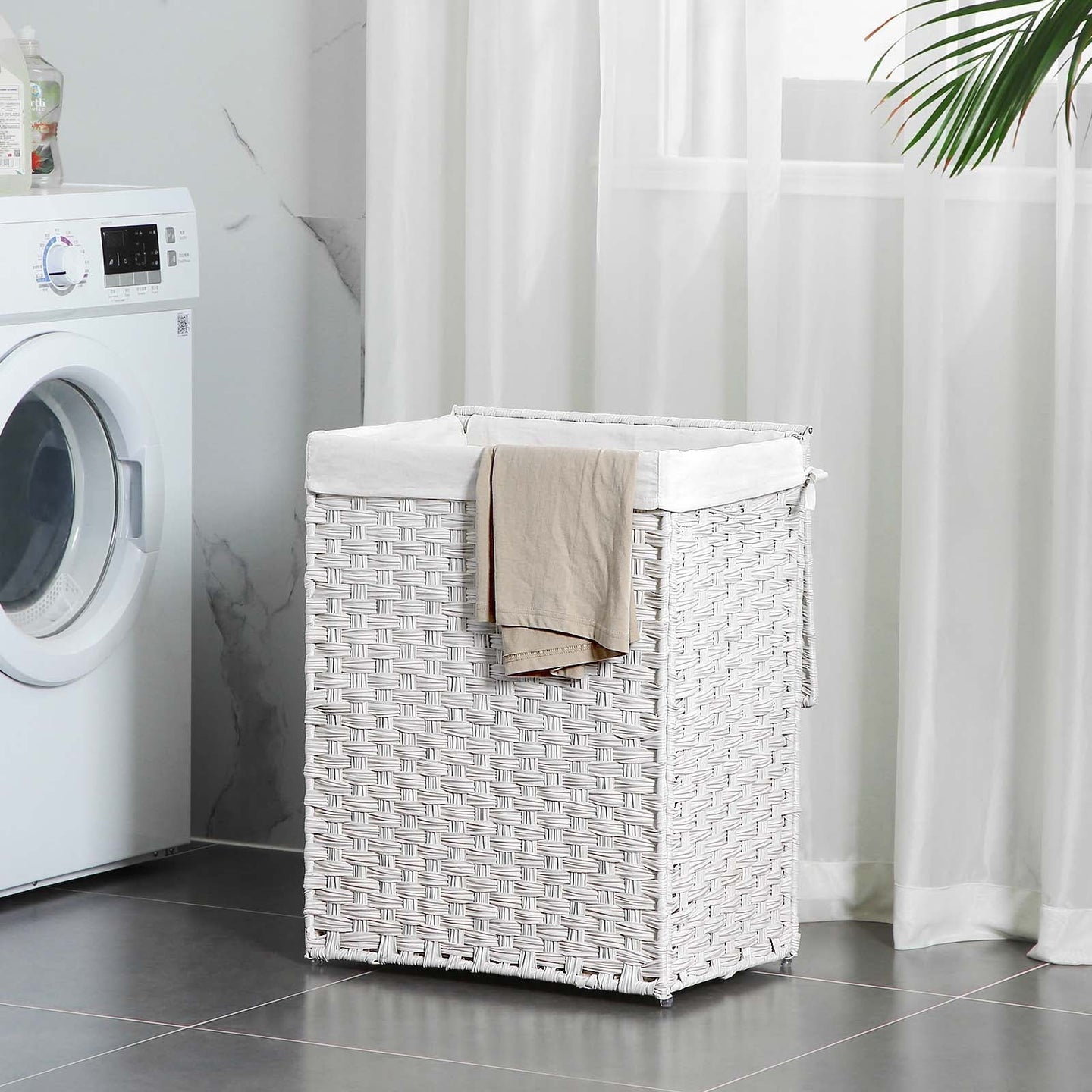 Laundry Basket - Synthetic Rattan - Natural - Foldable with Lid and Handles