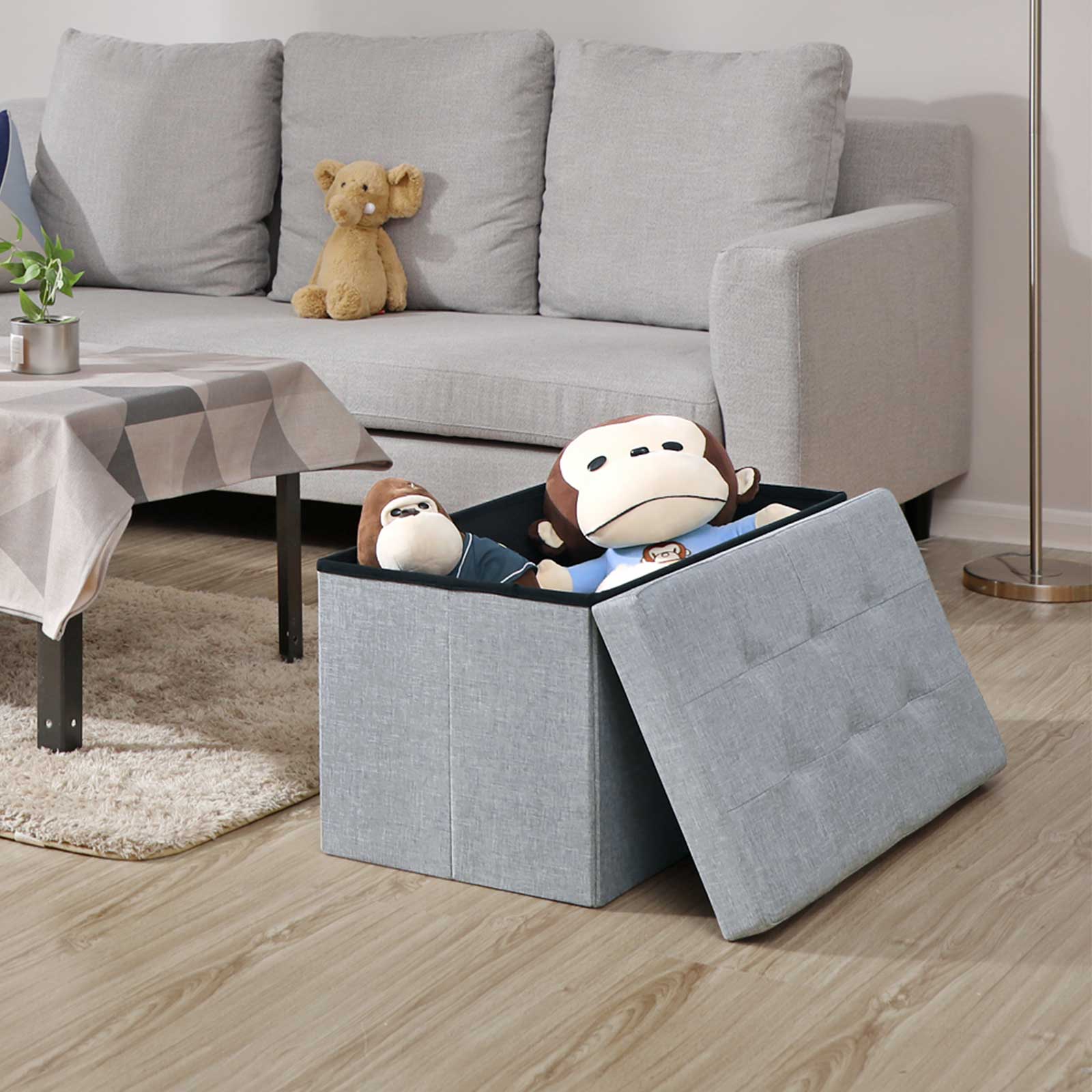 Ottoman - Linen Fabric - Dark Blue - Foldable Storage Bench with 80L Capacity