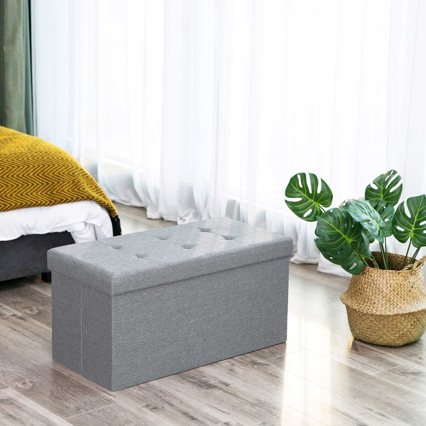Ottoman - Linen Fabric - Dark Blue - Foldable Storage Bench with 80L Capacity