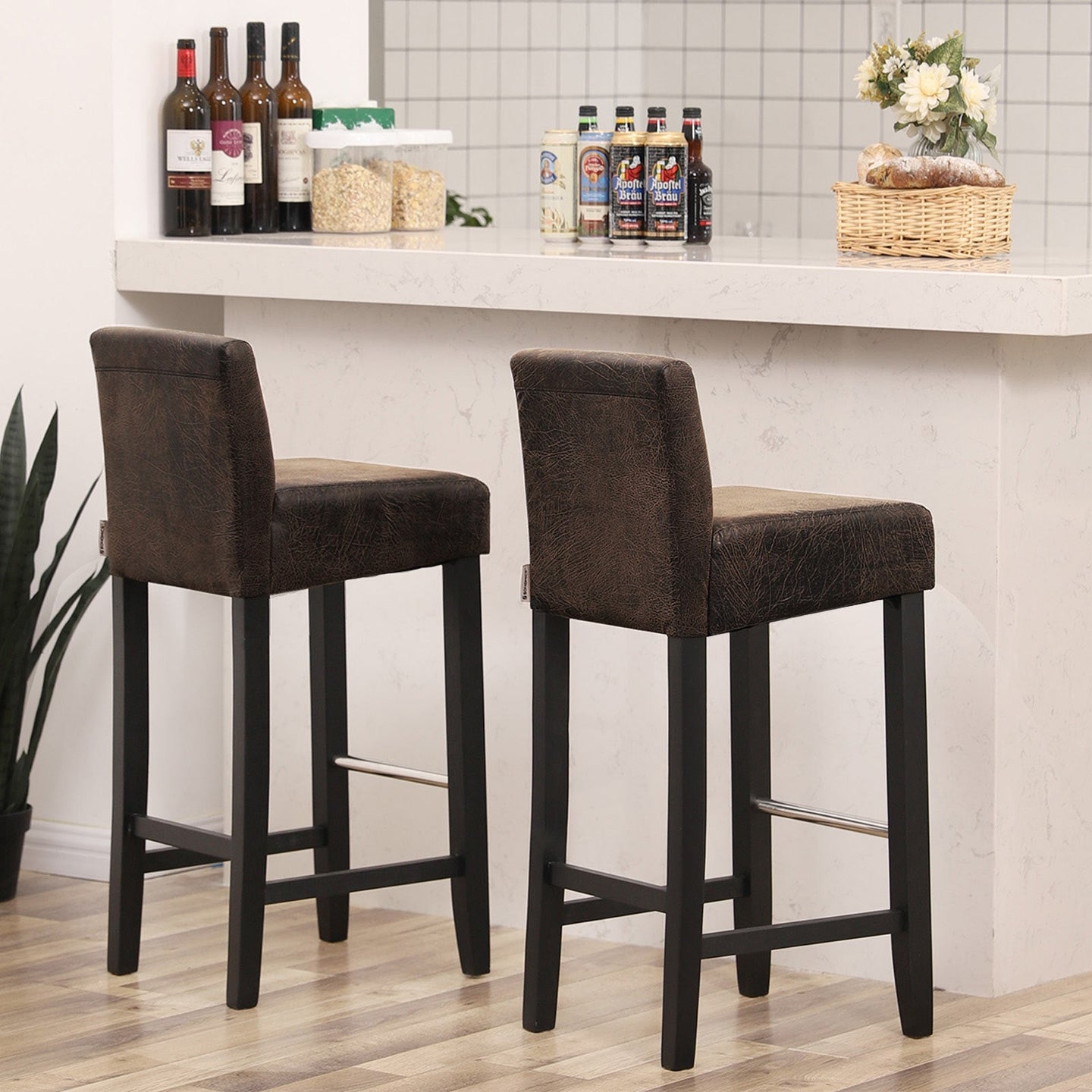 Low Back Bar Stool - PU - Brown and Black - Padded Seat with Solid Wood Legs and Footrest