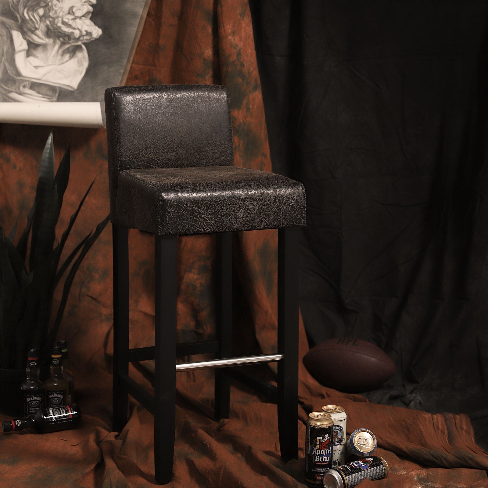 Low Back Bar Stool - PU - Brown and Black - Padded Seat with Solid Wood Legs and Footrest