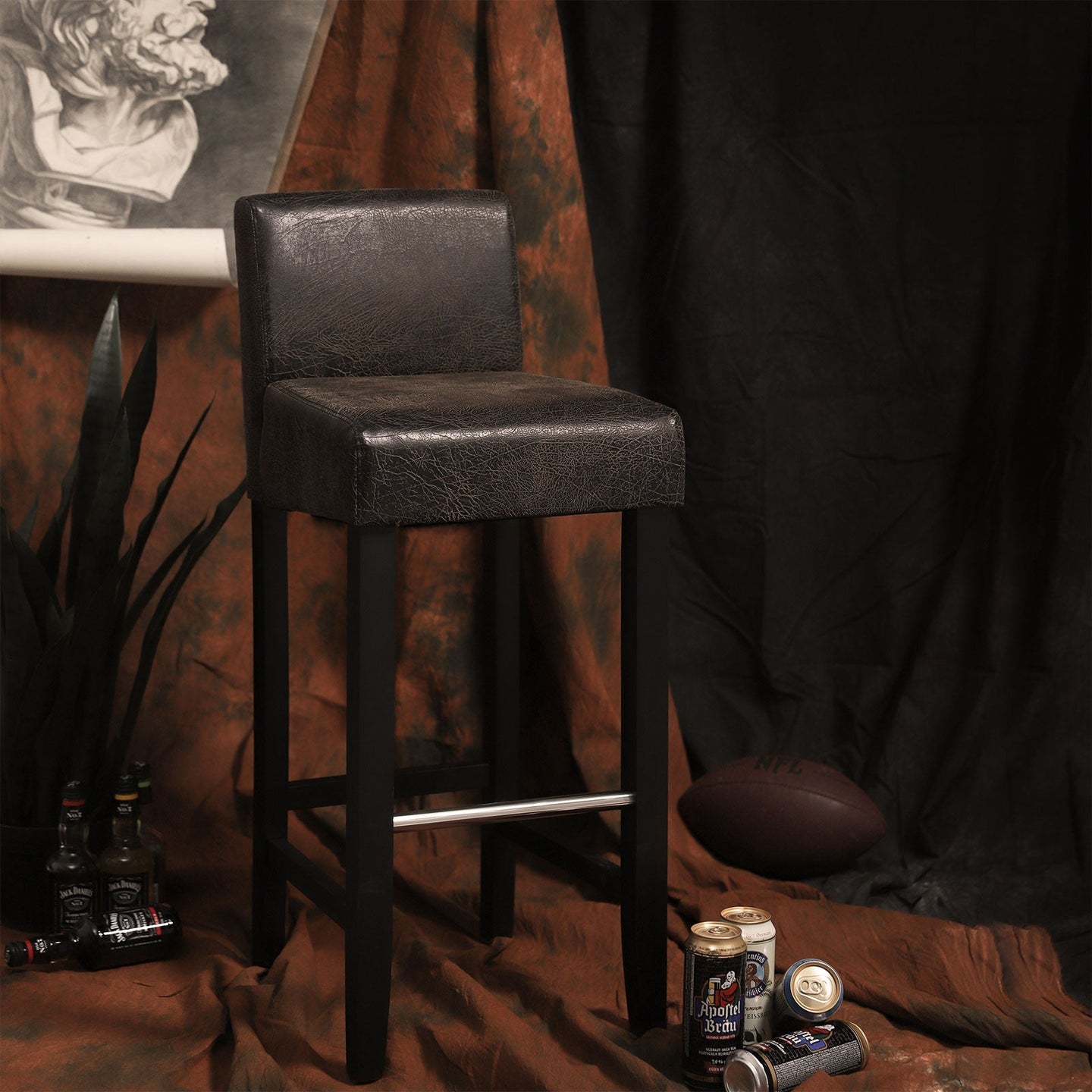 Low Back Bar Stool - PU - Brown and Black - Padded Seat with Solid Wood Legs and Footrest