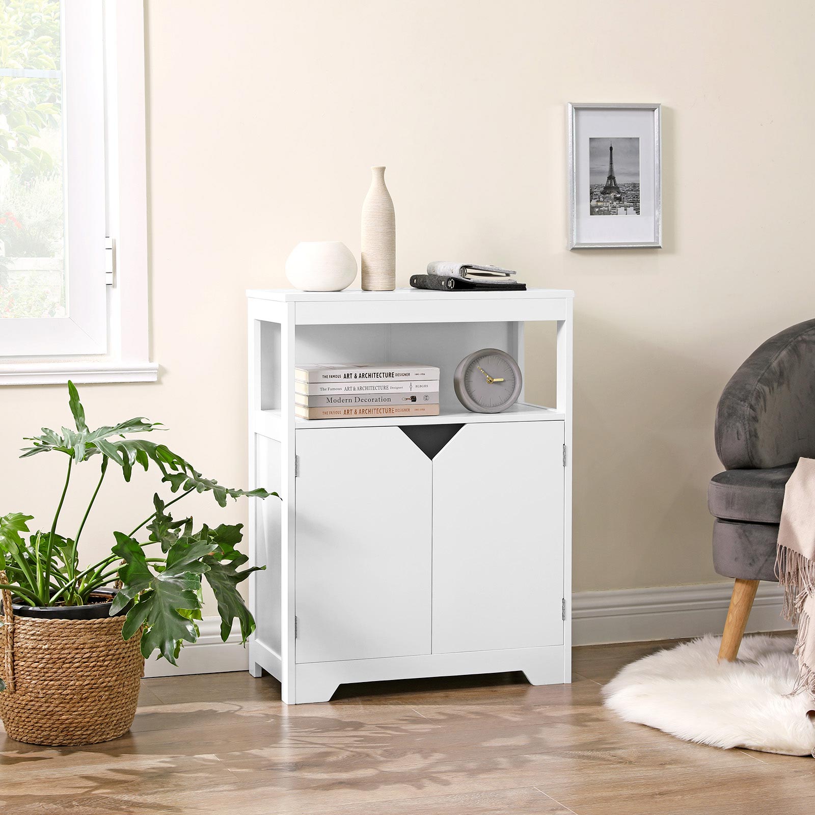 Bathroom Storage Cabinet - MDF - White - Marble-Like Pattern