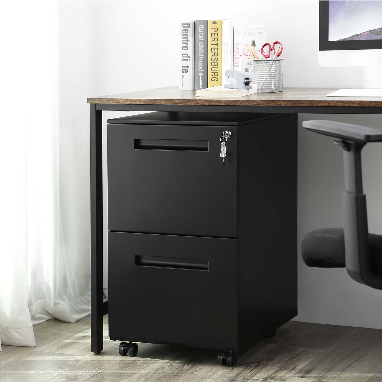 Mobile File Cabinet - 2 Drawers with Lock - Metal - Matte Black