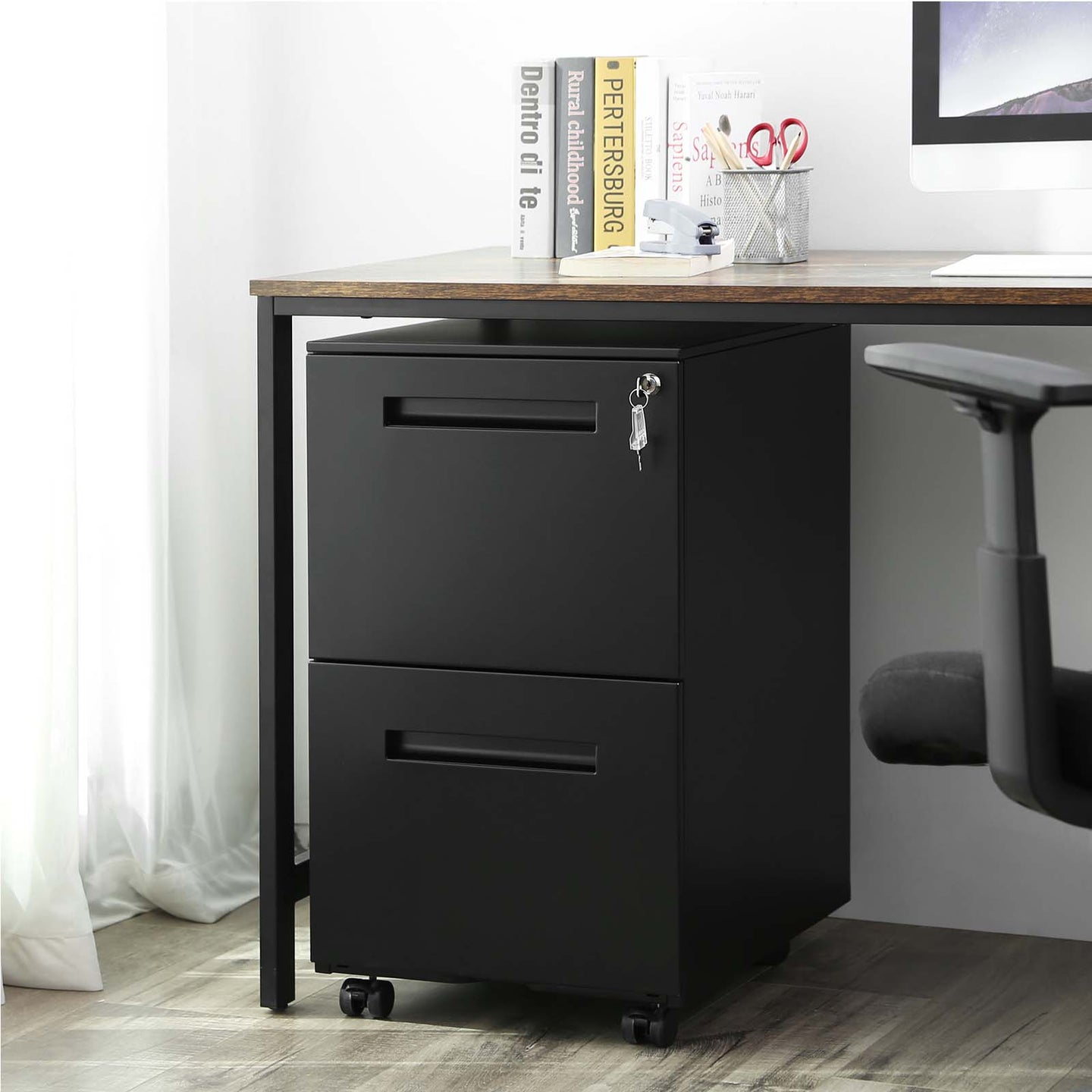 Mobile File Cabinet - 2 Drawers with Lock - Metal - Matte Black