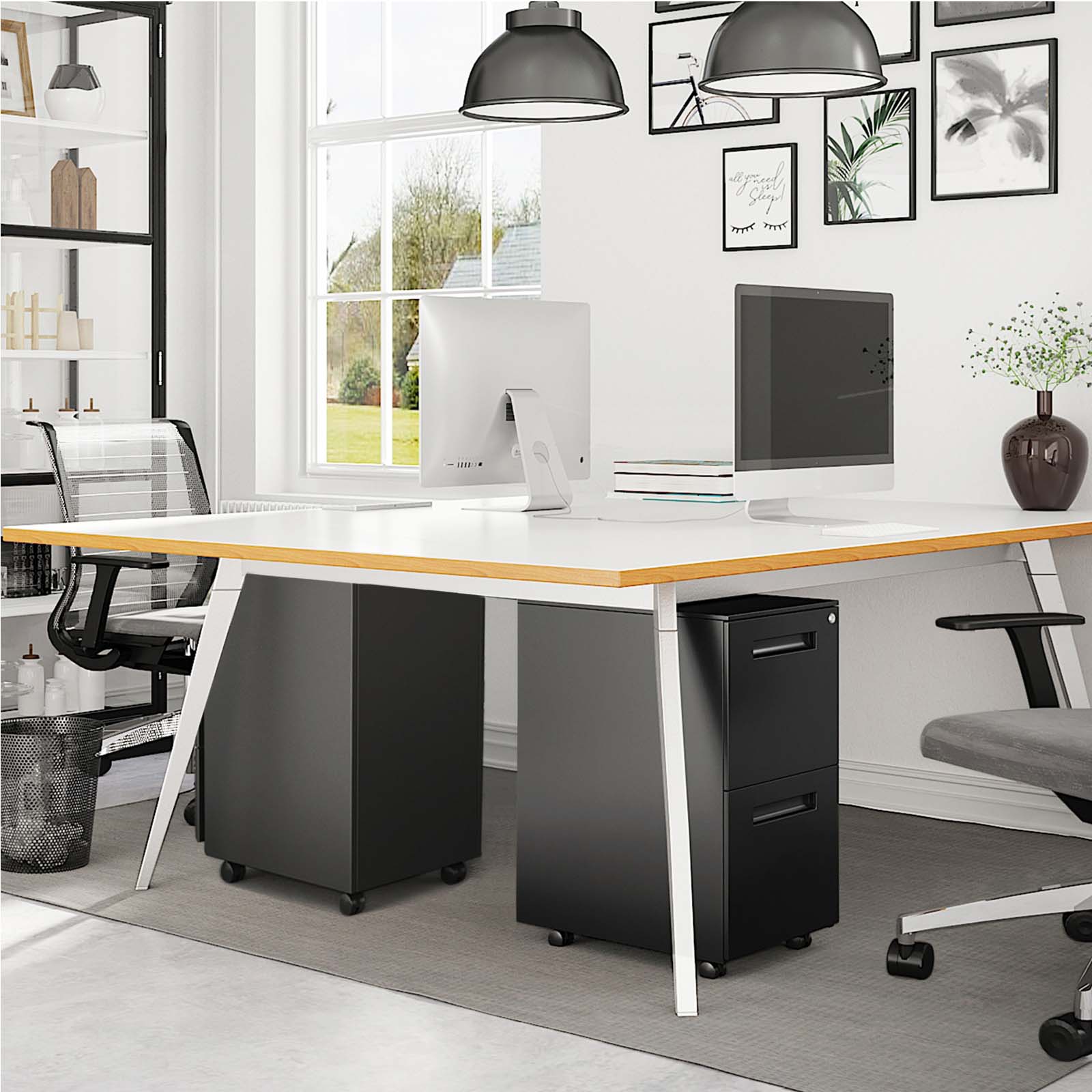 Mobile File Cabinet - 2 Drawers with Lock - Metal - Matte Black