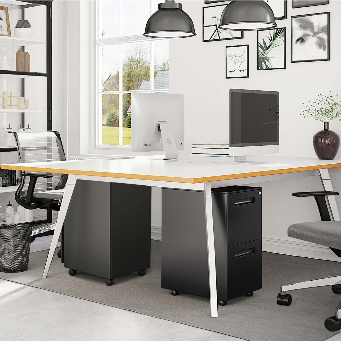 Mobile File Cabinet - 2 Drawers with Lock - Metal - Matte Black