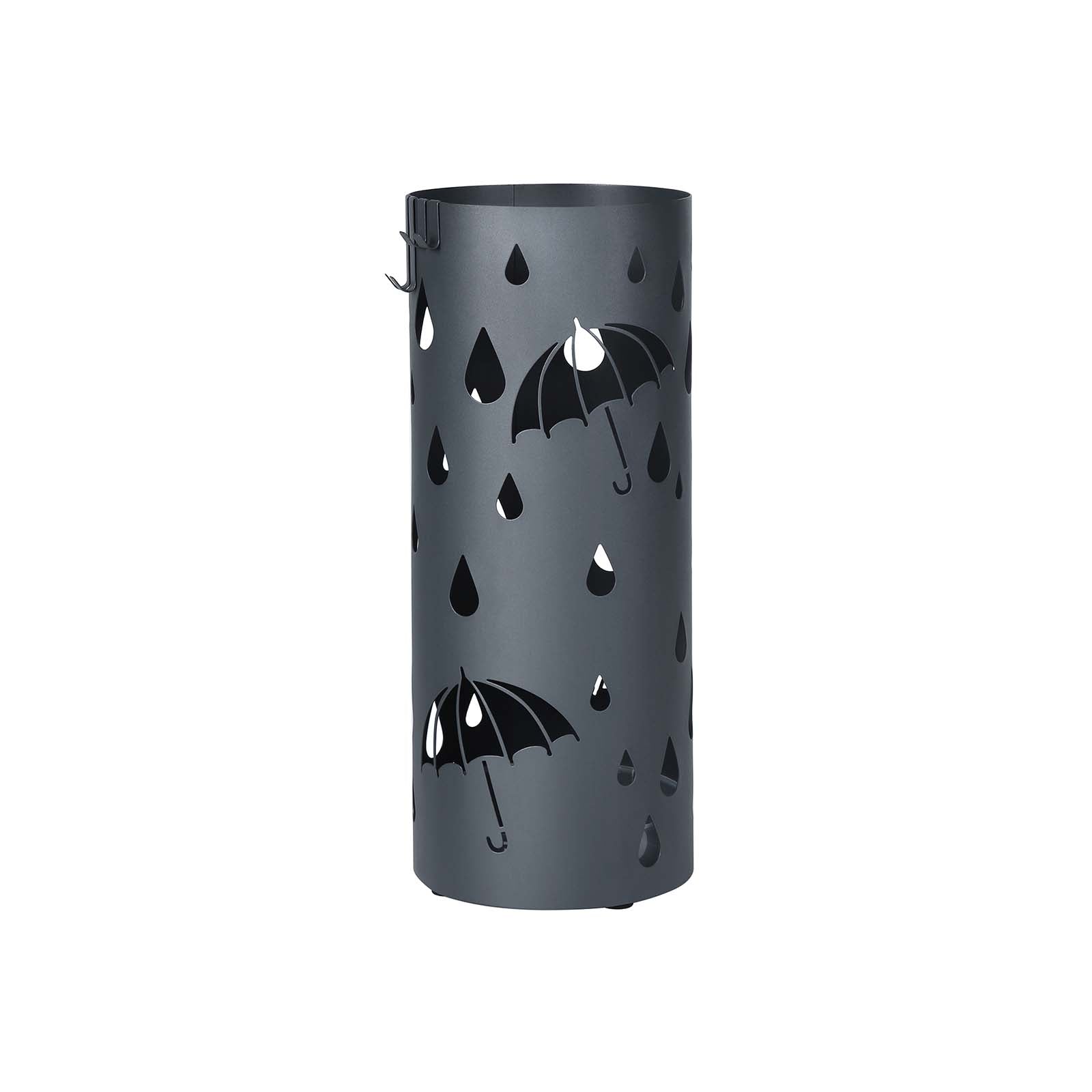 Umbrella Stand - Metal - Matte Anthracite Grey - Round with Water Tray and Hooks