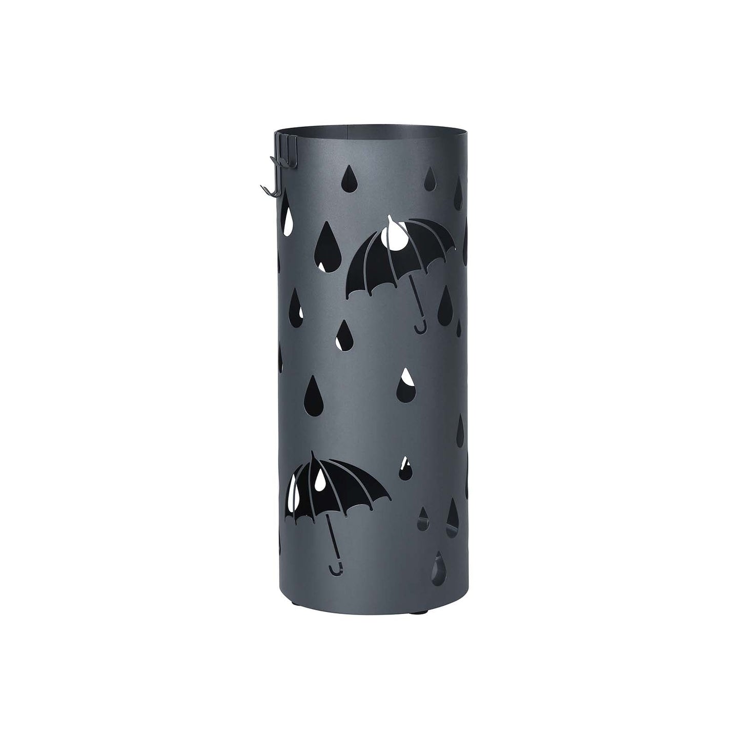 Umbrella Stand - Metal - Matte Anthracite Grey - Round with Water Tray and Hooks