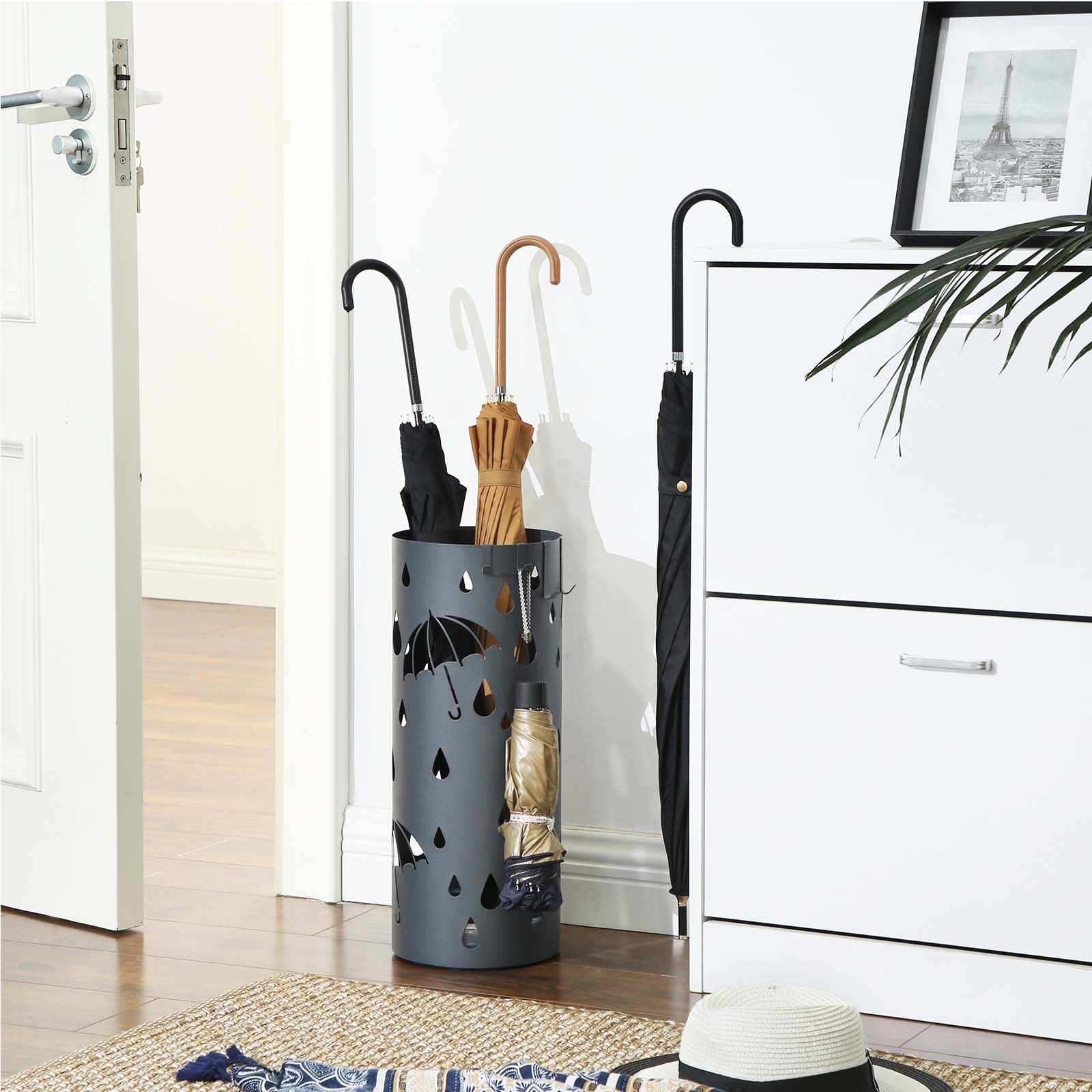 Umbrella Stand - Metal - Matte Anthracite Grey - Round with Water Tray and Hooks