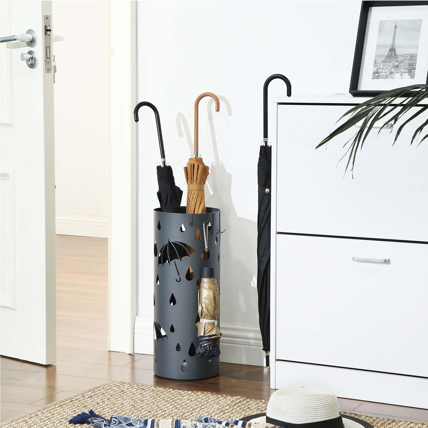 Umbrella Stand - Metal - Matte Anthracite Grey - Round with Water Tray and Hooks