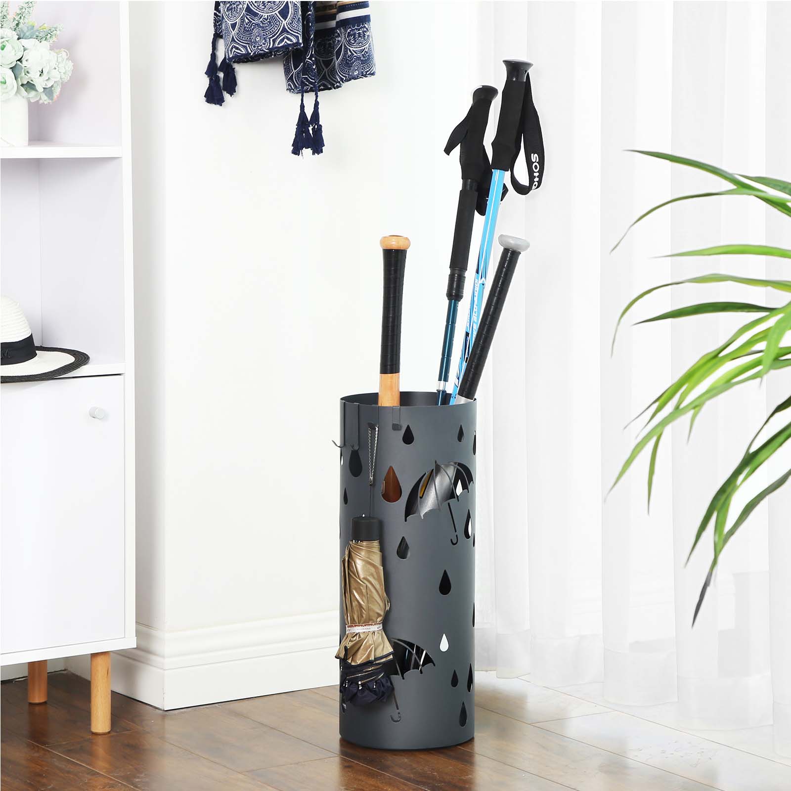 Umbrella Stand - Metal - Matte Anthracite Grey - Round with Water Tray and Hooks