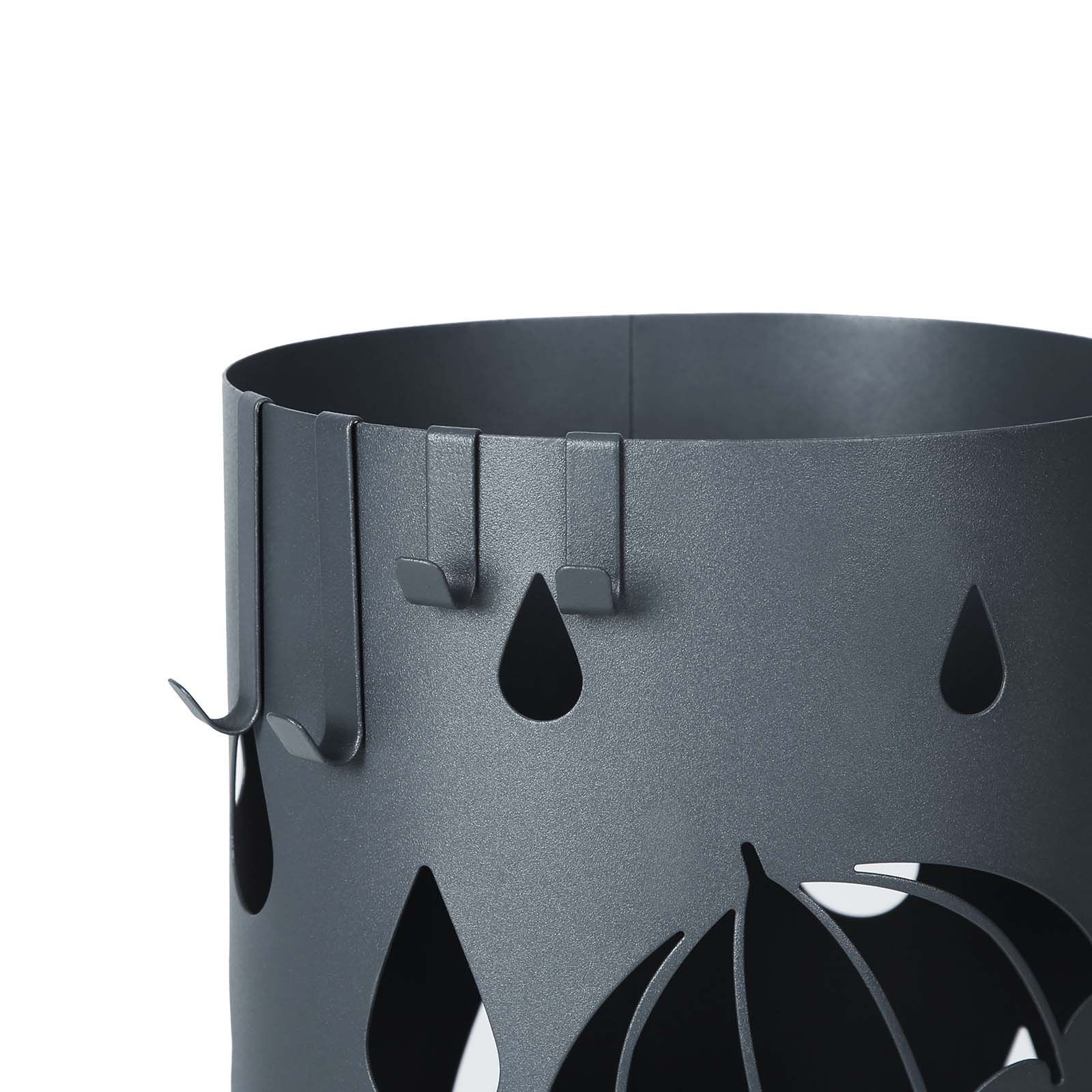Umbrella Stand - Metal - Matte Anthracite Grey - Round with Water Tray and Hooks
