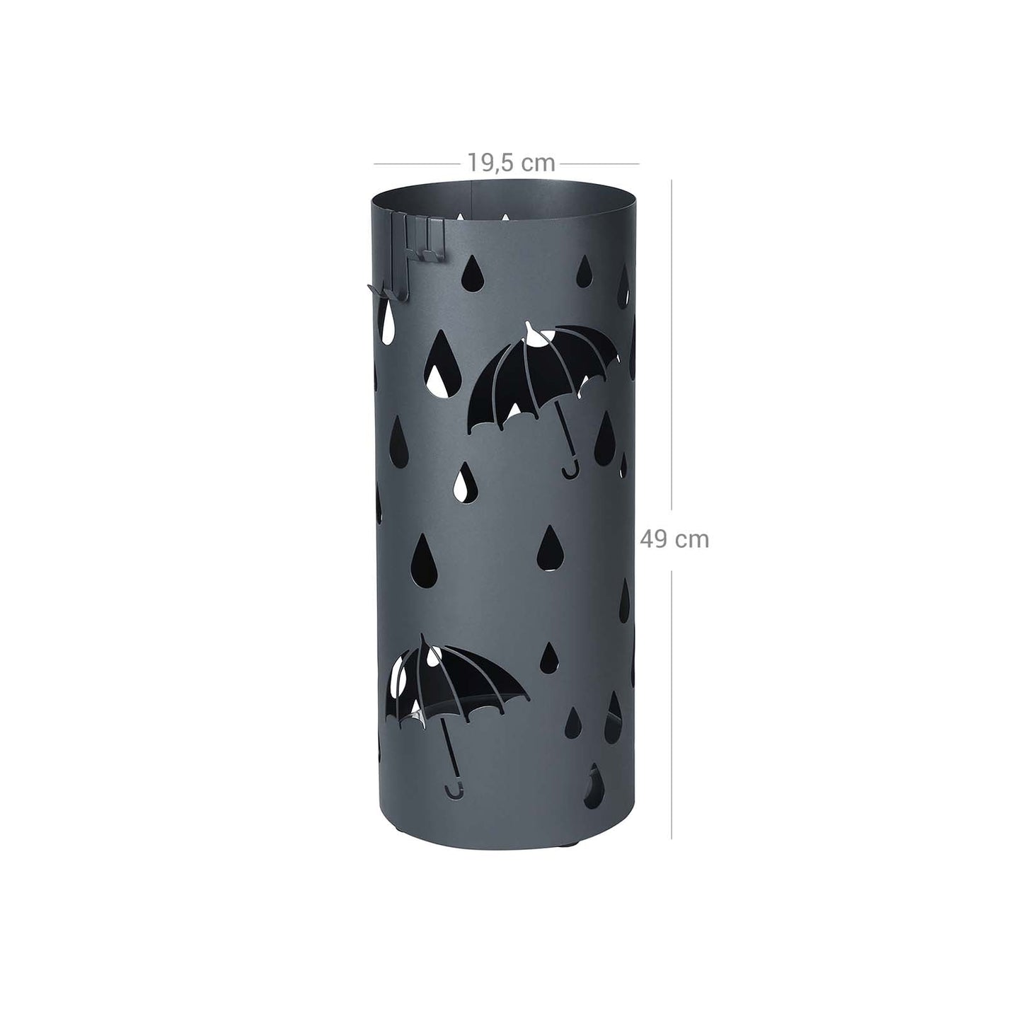 Umbrella Stand - Metal - Matte Anthracite Grey - Round with Water Tray and Hooks