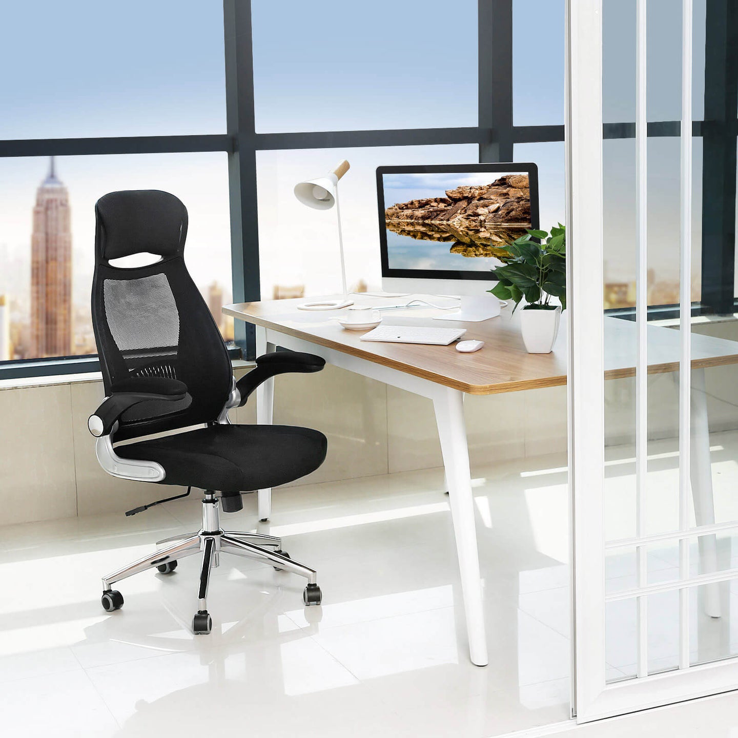High Back Office Chair - Mesh - Black - Swivel Design with Flip-Up Armrests