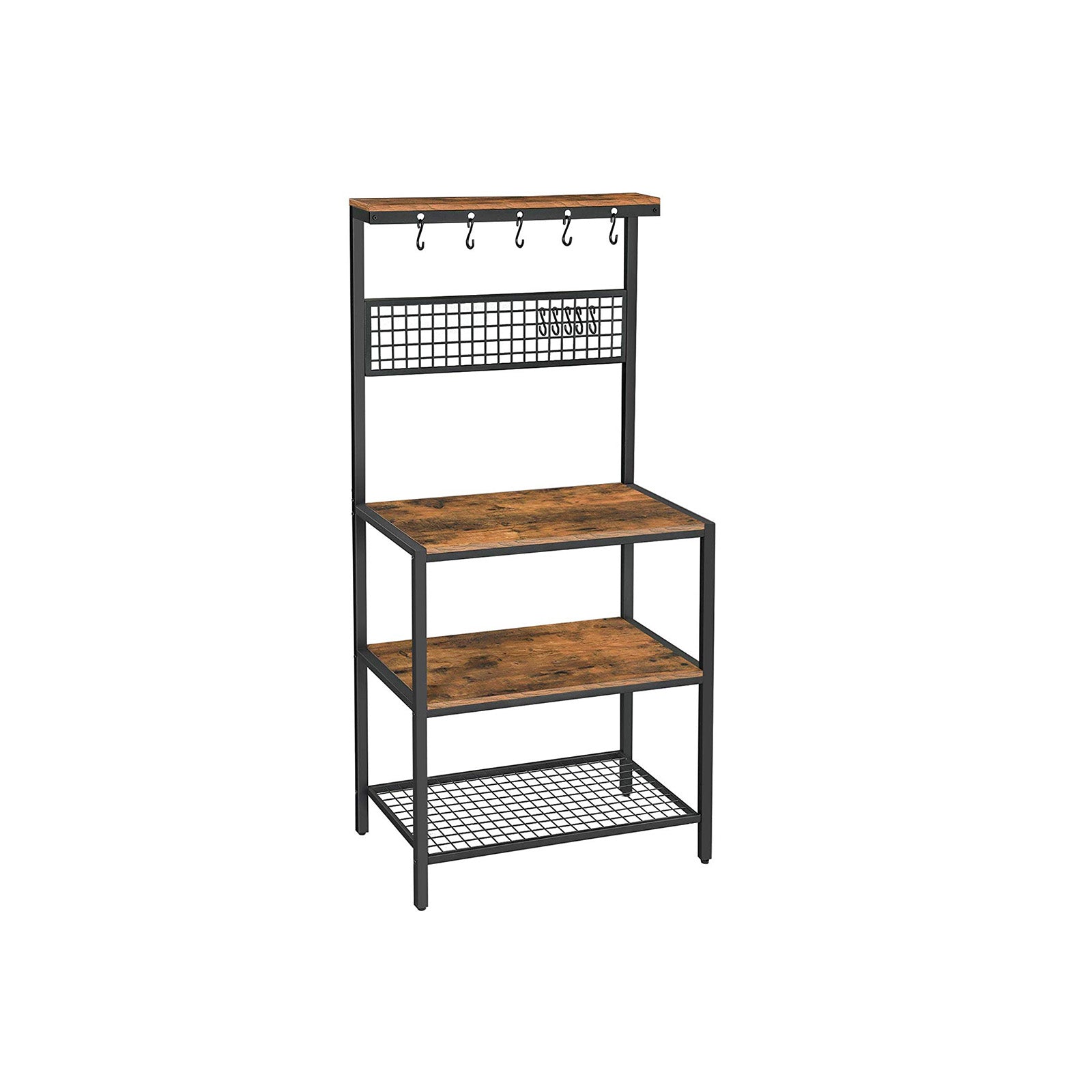 Kitchen Baker's Rack - Metal - Rustic Brown - Multi-Functional with Storage Shelves and Hooks