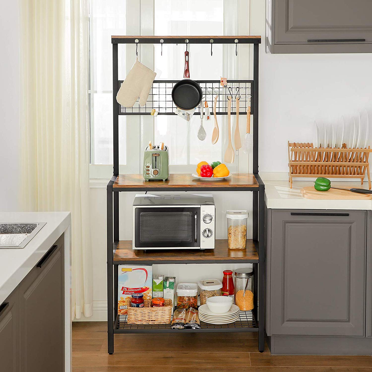 Kitchen Baker's Rack - Metal - Rustic Brown - Multi-Functional with Storage Shelves and Hooks