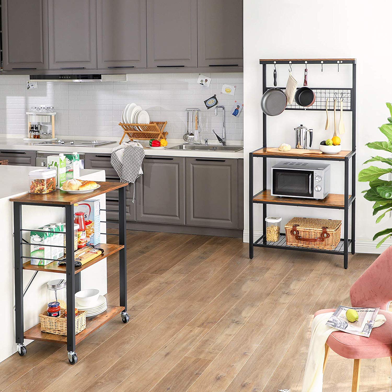 Kitchen Baker's Rack - Metal - Rustic Brown - Multi-Functional with Storage Shelves and Hooks