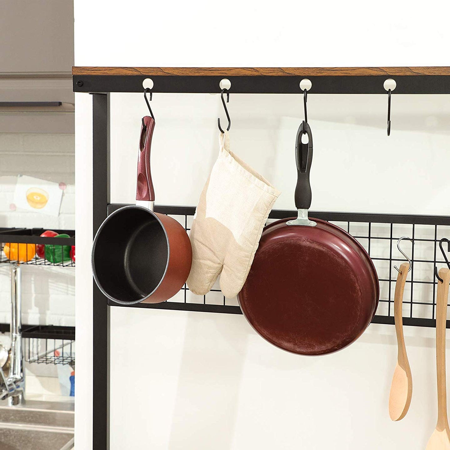 Kitchen Baker's Rack - Metal - Rustic Brown - Multi-Functional with Storage Shelves and Hooks