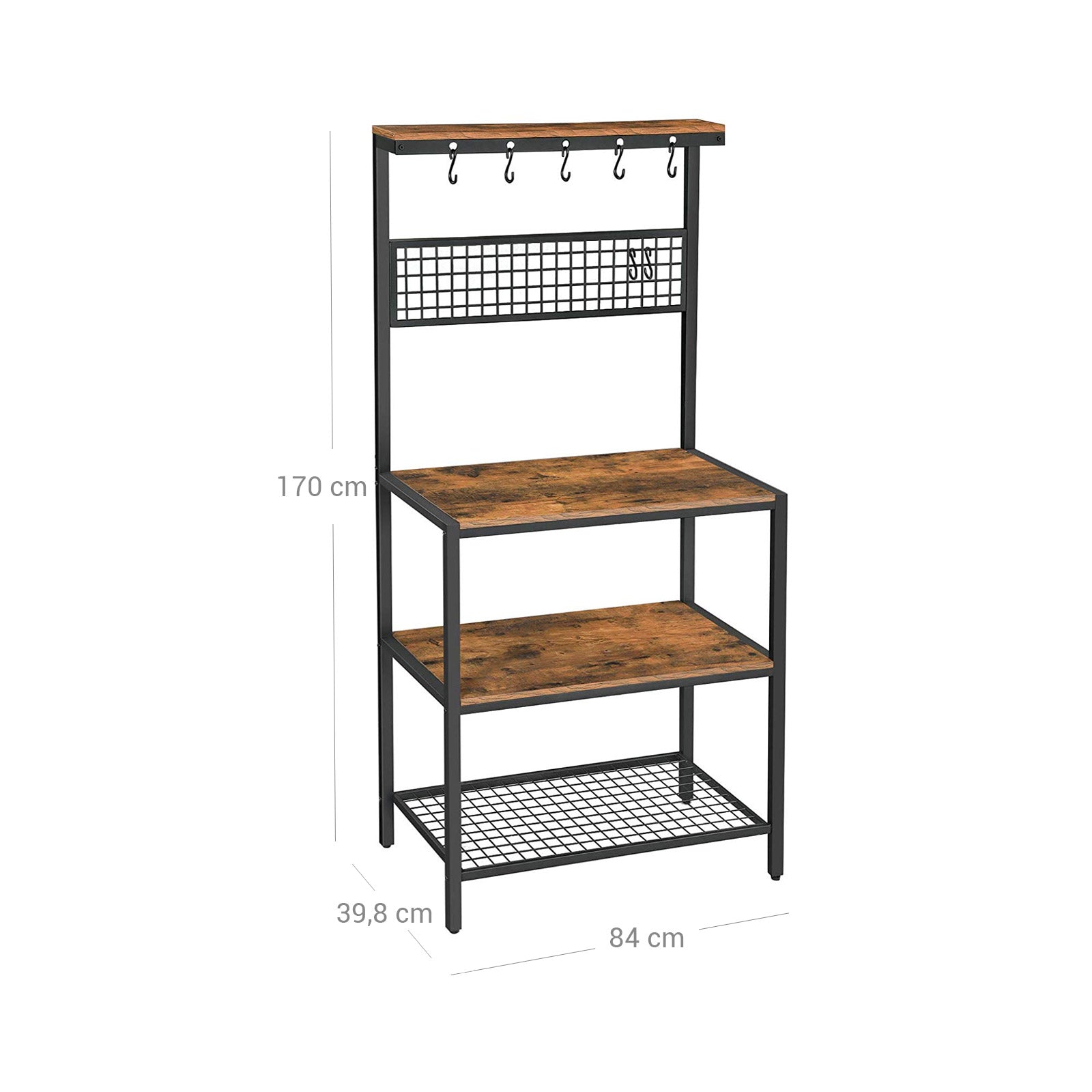 Kitchen Baker's Rack - Metal - Rustic Brown - Multi-Functional with Storage Shelves and Hooks