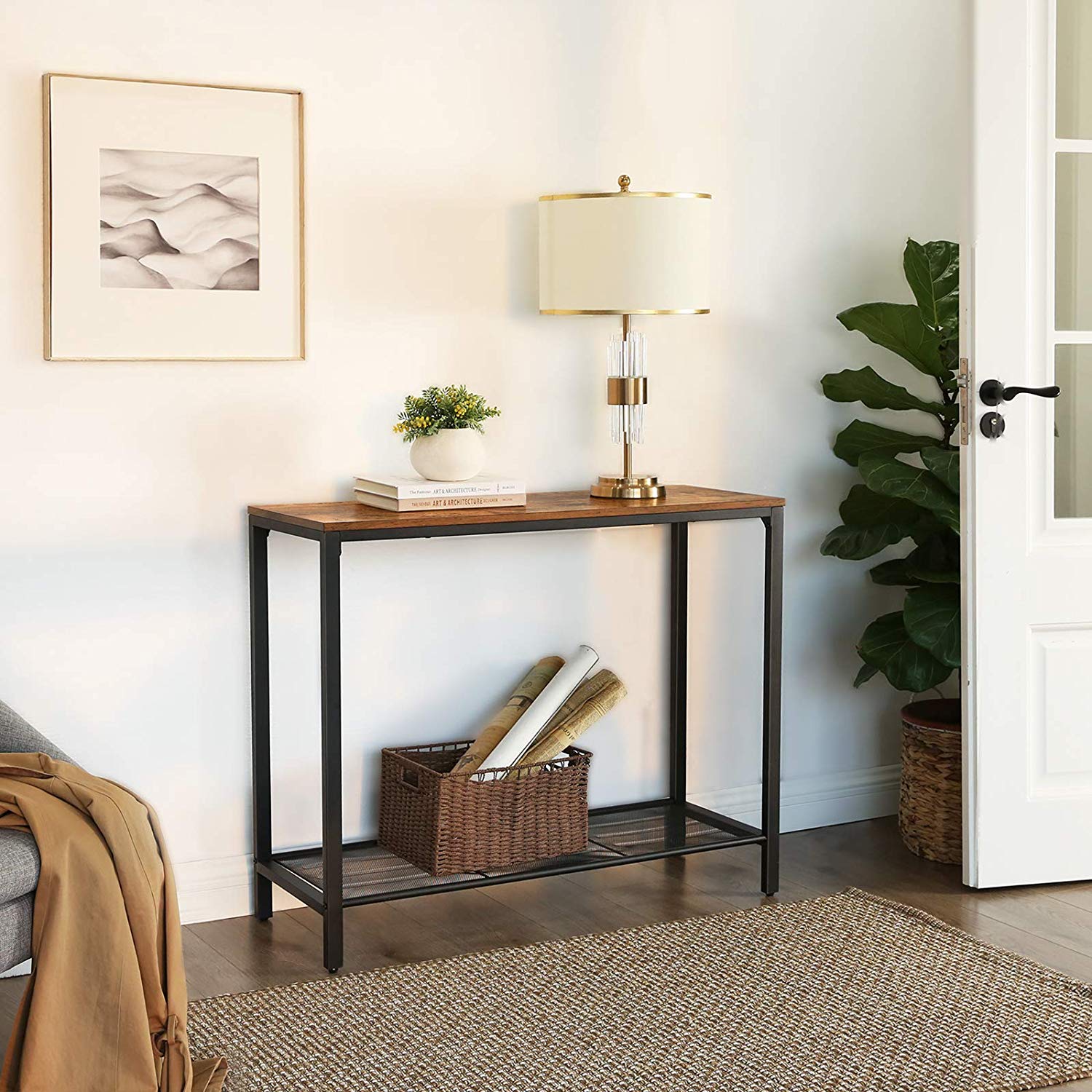 Console Table - Metal - Rustic Brown and Black - Mesh Shelf