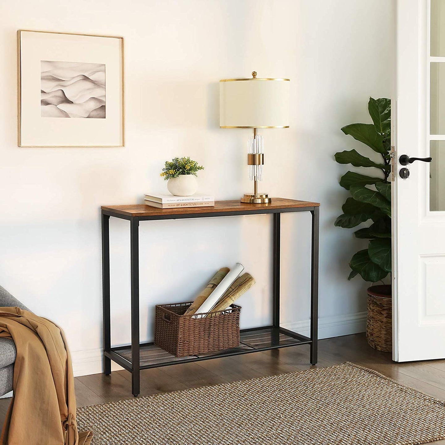 Console Table - Metal - Rustic Brown and Black - Mesh Shelf