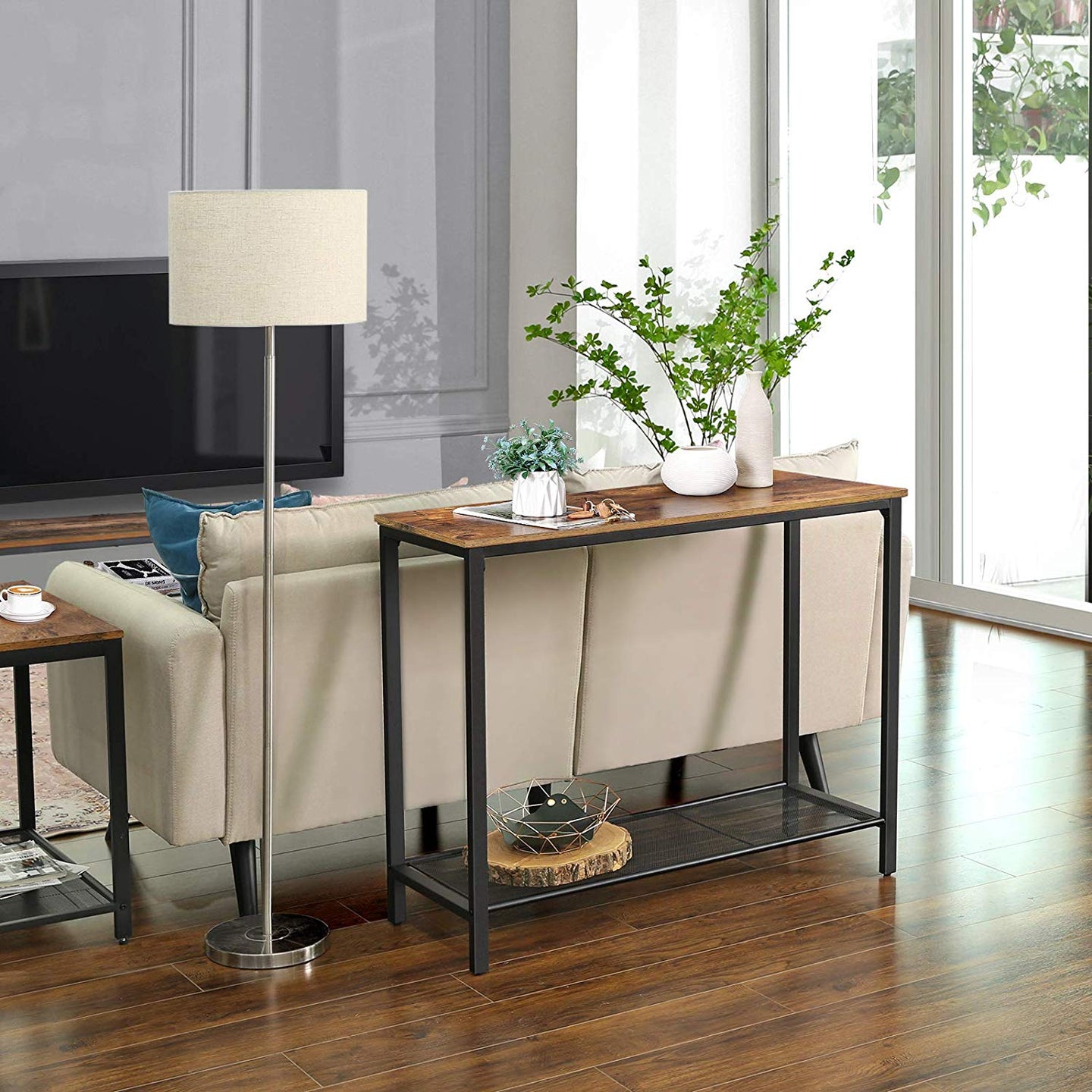 Console Table - Metal - Rustic Brown and Black - Mesh Shelf