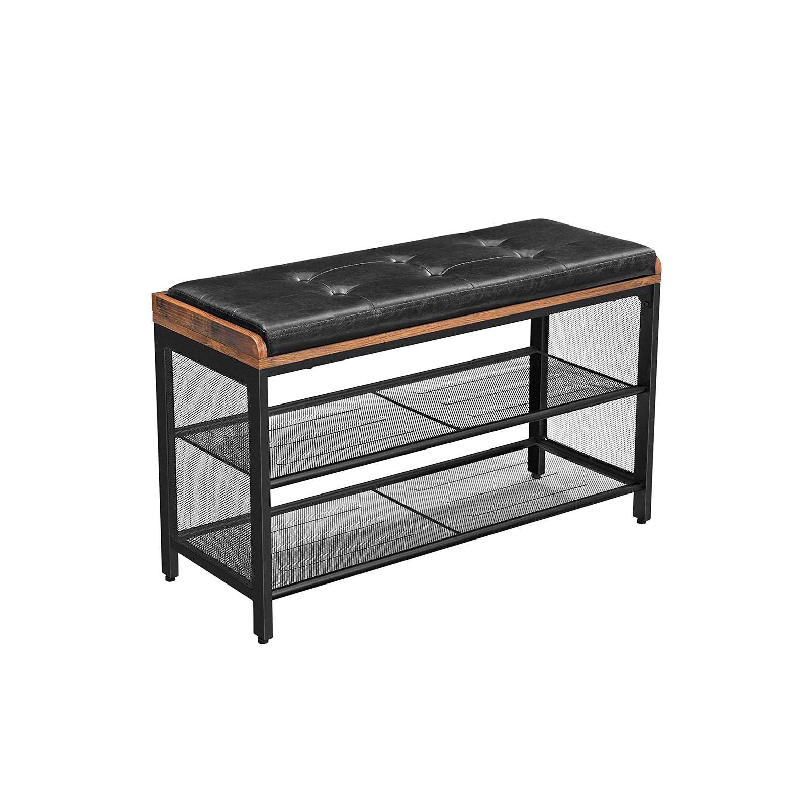 Shoe Bench - Metal Frame - Black Imitation Leather and Rustic Brown