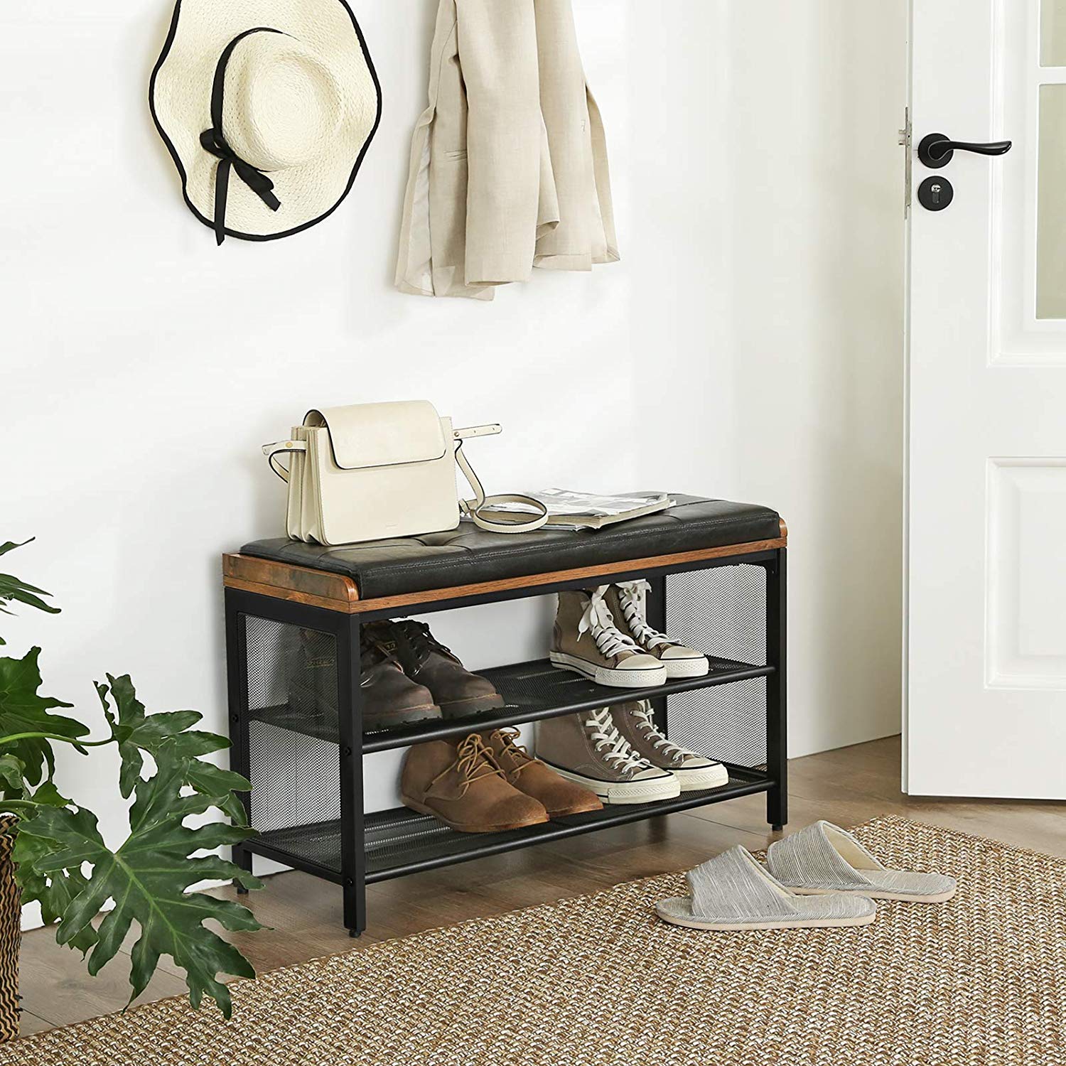 Shoe Bench - Metal Frame - Black Imitation Leather and Rustic Brown
