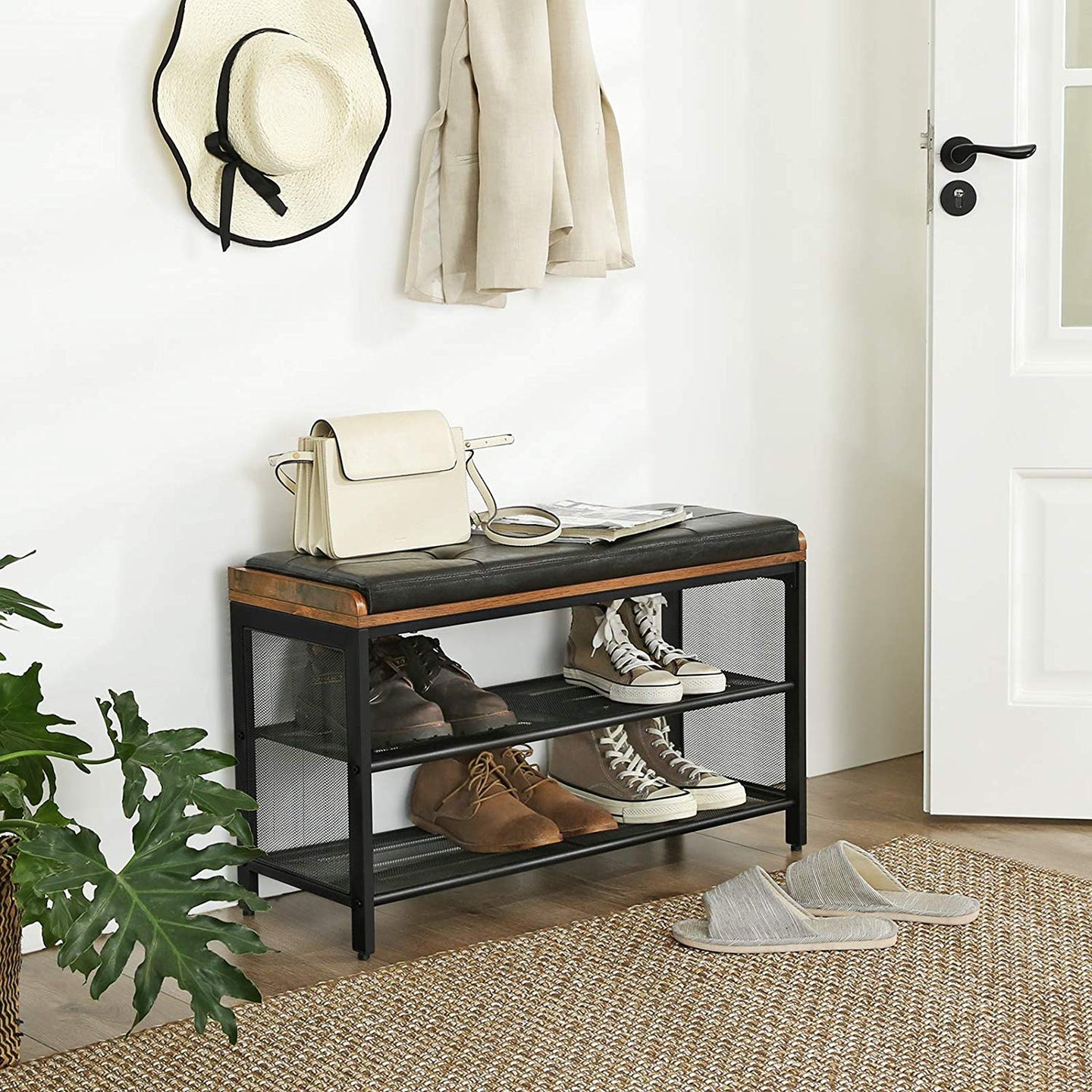 Shoe Bench - Metal Frame - Black Imitation Leather and Rustic Brown