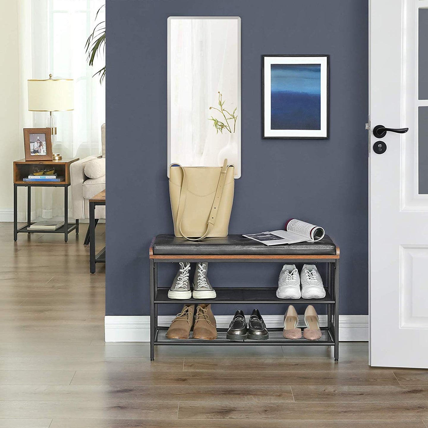 Shoe Bench - Metal Frame - Black Imitation Leather and Rustic Brown