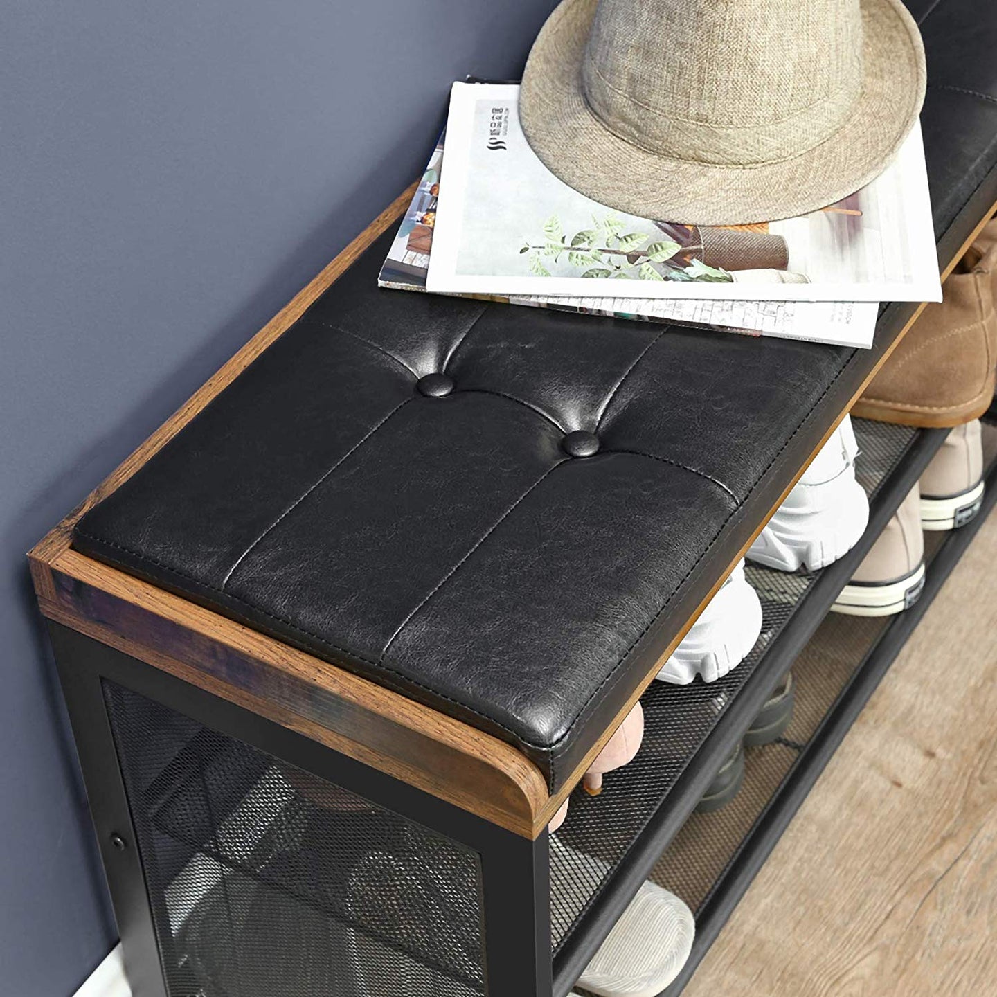 Shoe Bench - Metal Frame - Black Imitation Leather and Rustic Brown