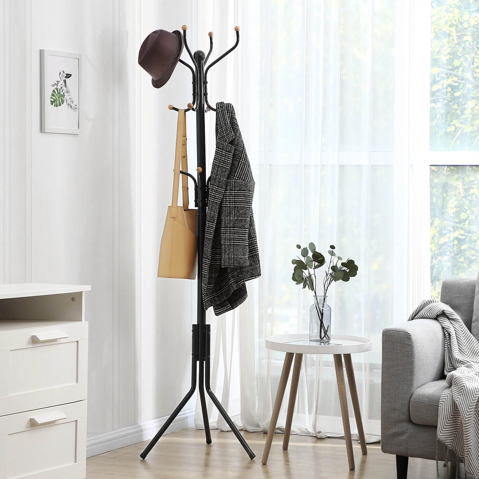 Clothes Stand - Metal - Black - 182 cm Height with Hat and Handbag Hooks