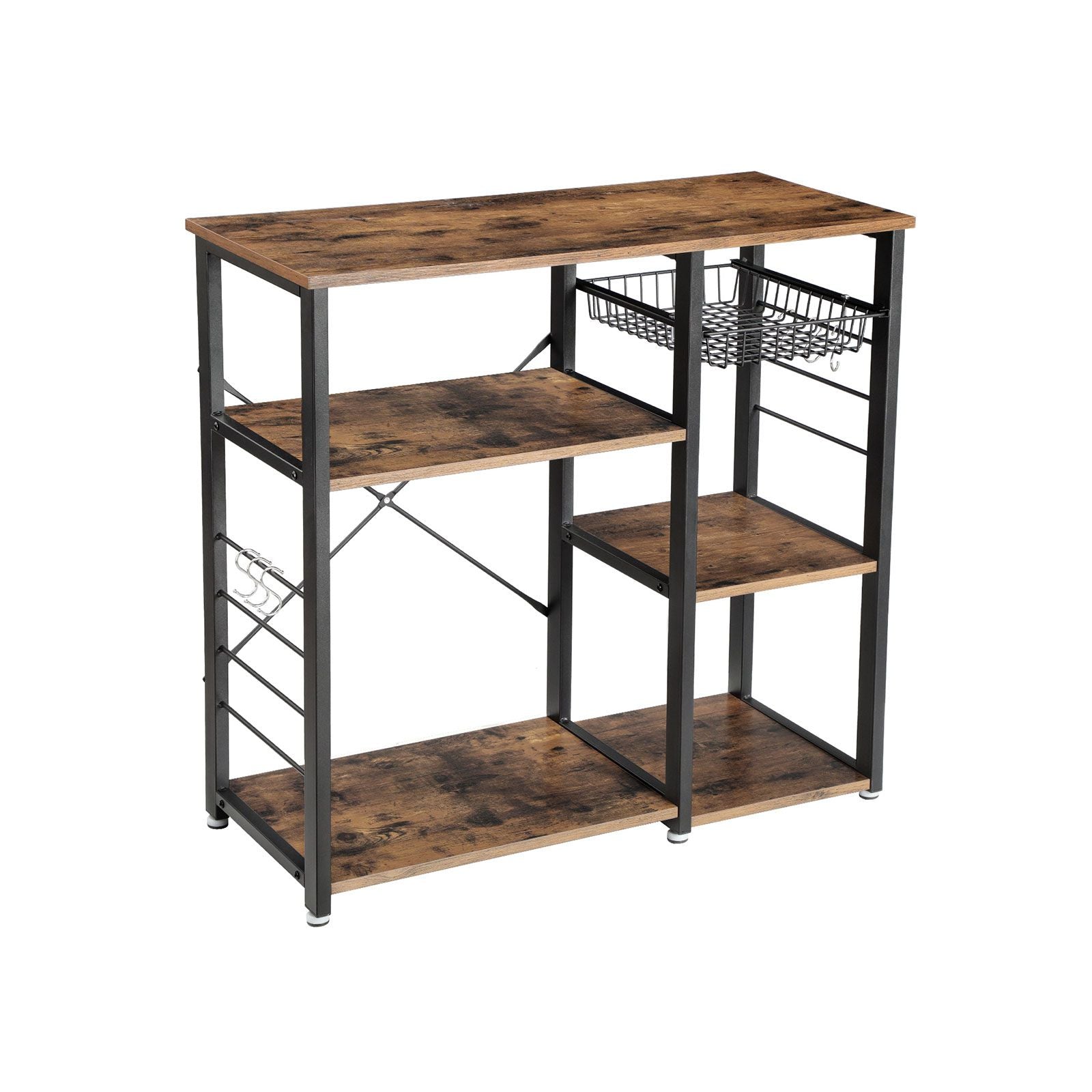 Metal Frame Kitchen Shelf - Metal - Multifunctional Storage with Wire Basket and Hooks